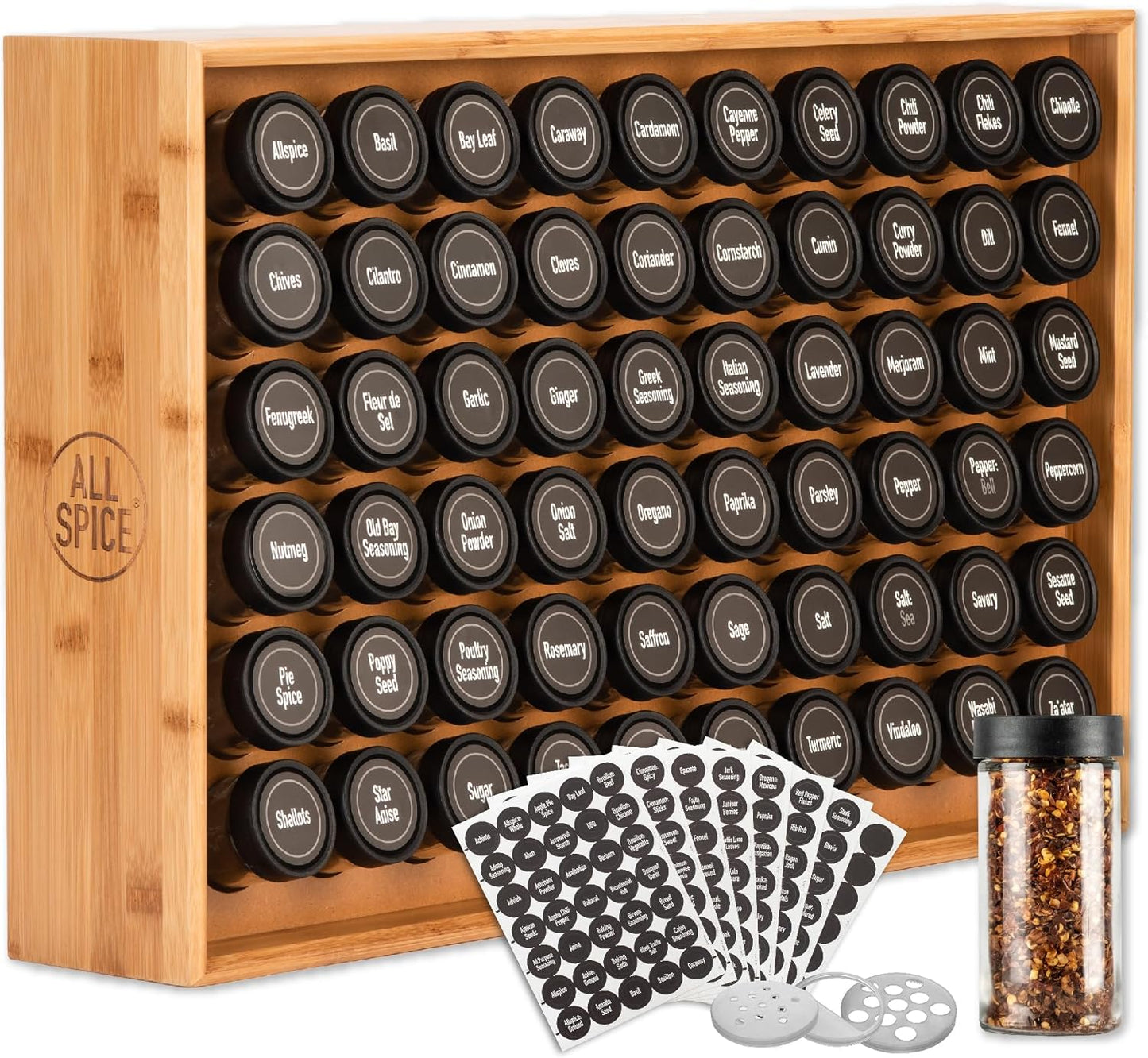 AllSpice Spice Rack Organizer, Wood, 525 Unique Labels, Countertop or Wall Mount, Includes 60 4oz Jars- Bamboo