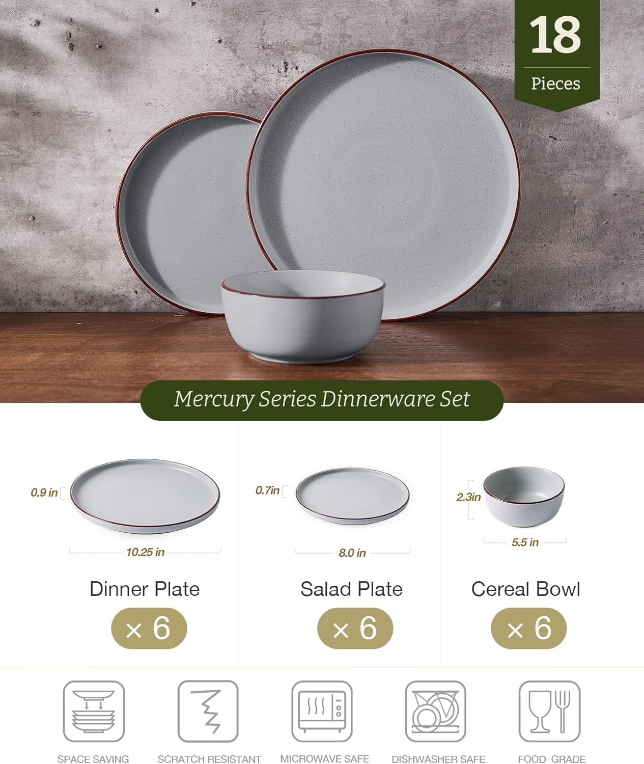 Famiware Mercury Plates and Bowls Sets, 18 Pieces Stoneware Dinnerware Sets, Dishes Set for 6, Microwave and Dishwasher Safe, Light Grey