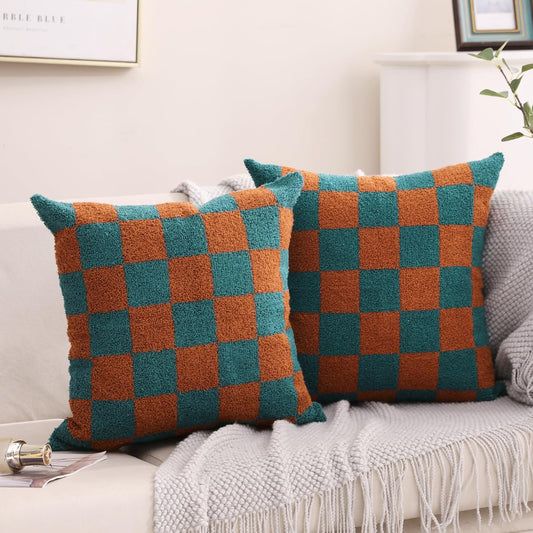 Alysheer Checkered Embroidered Decorative Throw Pillow Covers 18"x 18" Set of 2, Farmhouse Cottage Teal Brown Plaid Tufted Patterned Cotton Canvas Cushion Case for Sofa Couch Bed Living Room