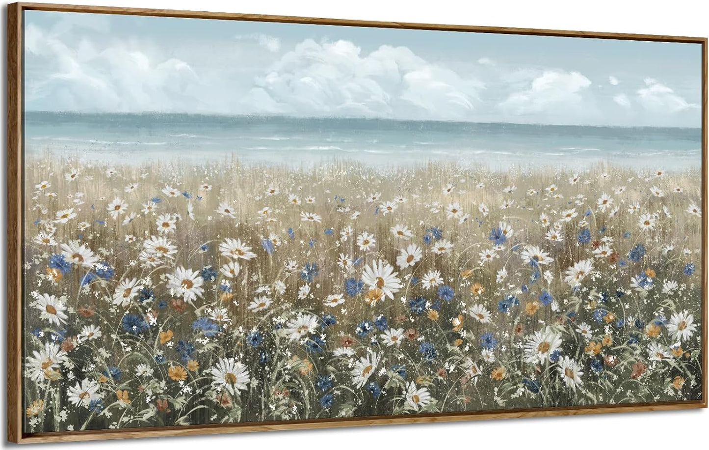 amatop Large Wall Art for Living Room Framed Boho Beach Coastal Floral Ocean Wall Picture Farmhouse Daisy Flower Sea Canvas Print Nautical Neutral Vintage Warm Artwork Home Bedroom Office Decor 48x24