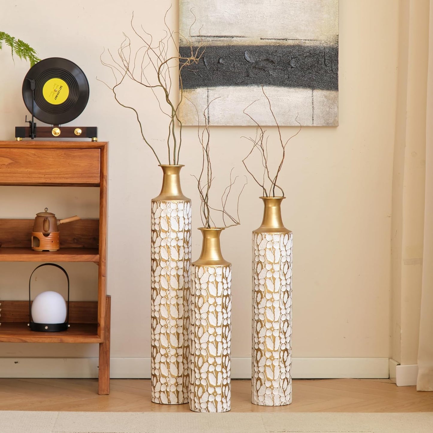 Medhansh Metal Floor Vase, Tall Floor Vase with Gold Twig Pattern, Antique White Finish (Set of 3)