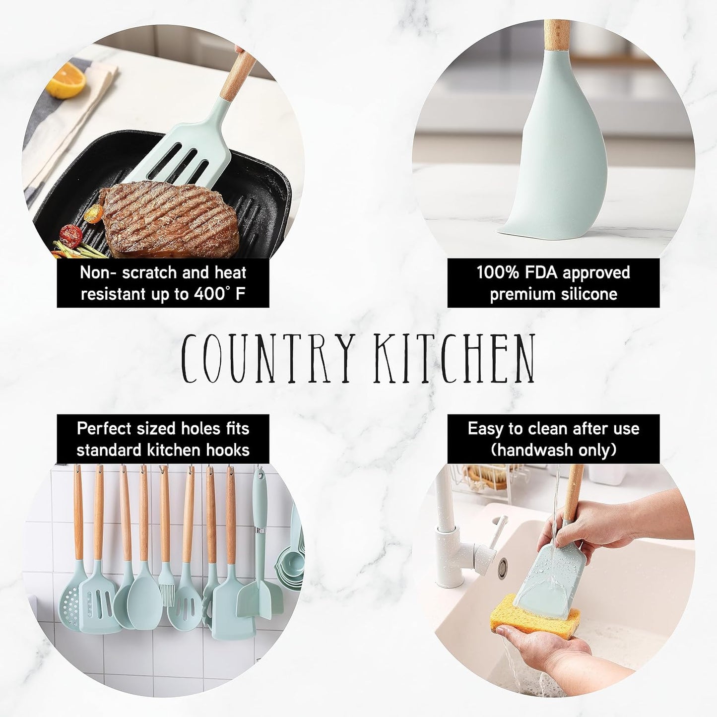 Country Kitchen Non Stick Silicone Utensil Set with Rounded Wood Handles for Cooking and Baking, 38 Piece Set, Mint