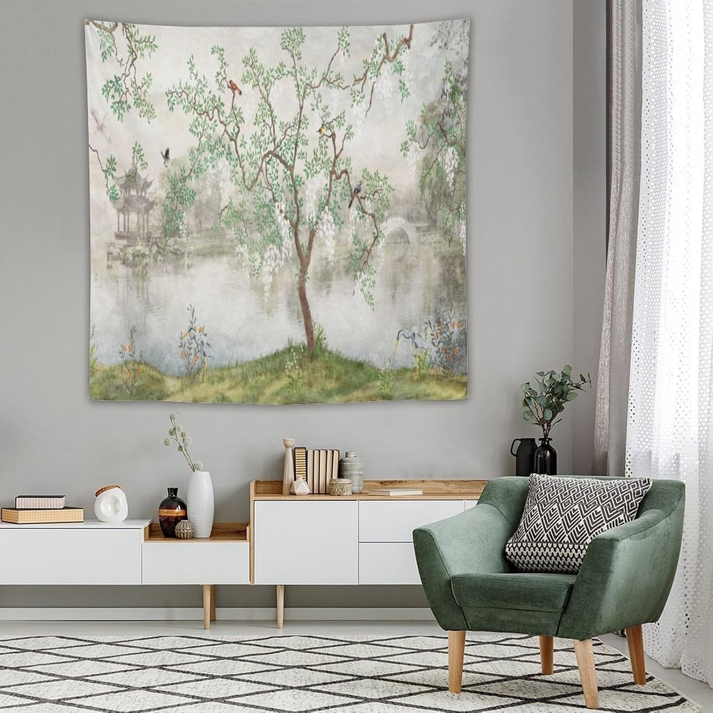 HZOHNAGO Japanese Tapestry Tree Misty Garden Lake Printed Wall Tapestry Ink Painting Wall Hanging for Bedroom Living Room Dorm 60" W x 60" H