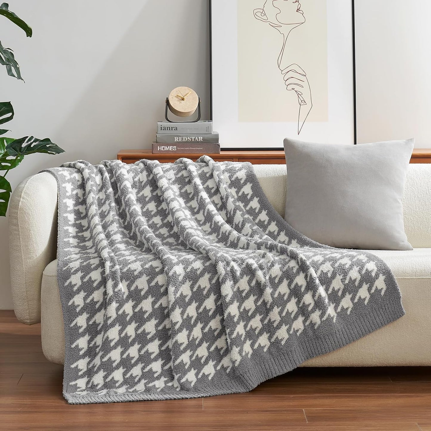 Snuggle Sac Houndstooth Throw Blanket for Couch, Reversible Super Soft Warm Blankets Cozy Knit Fuzzy Plush Lightweight Throws for Sofa, Bed, Camping, Grey,50x60 inches