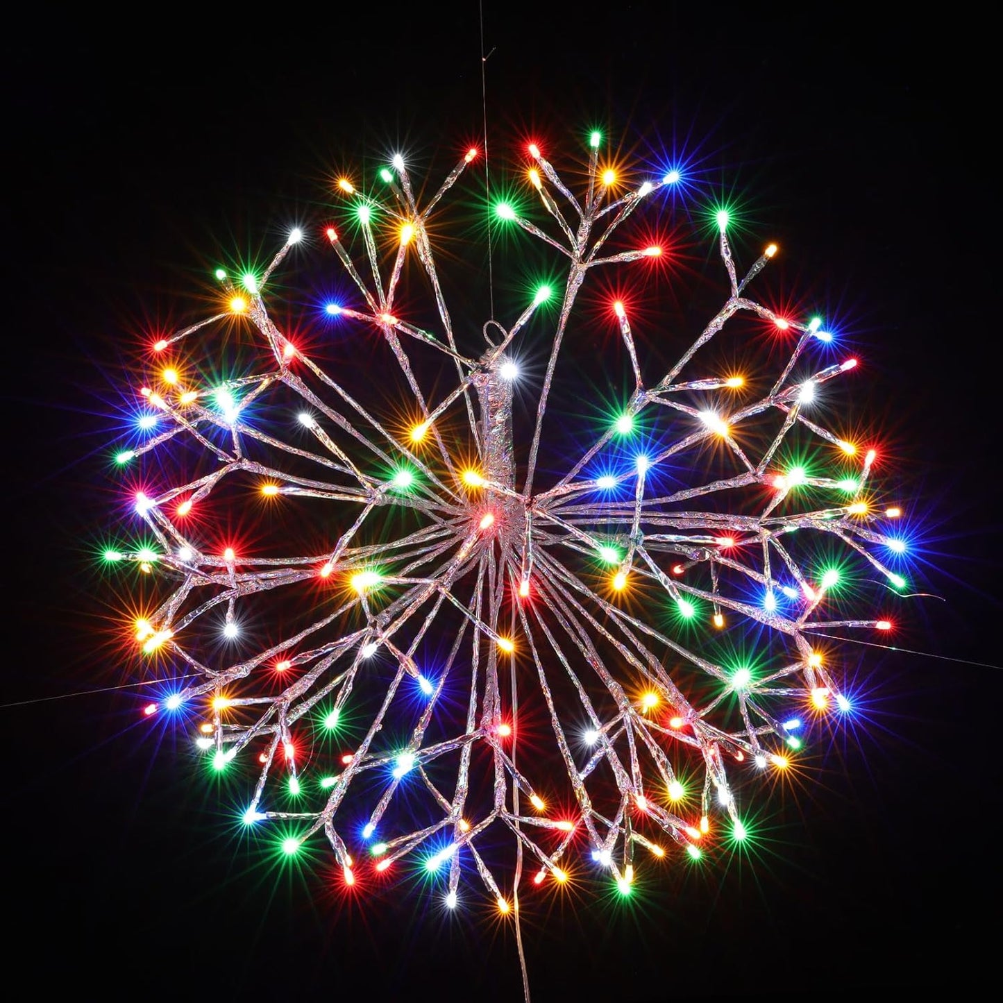 Christmas Hanging Starburst Lighted Branches, Pre-Lit 24’’ Dia Sliver Starry with 160PCS Multi Color LED Twinkle Hanging Ball Light Plug in Indoor