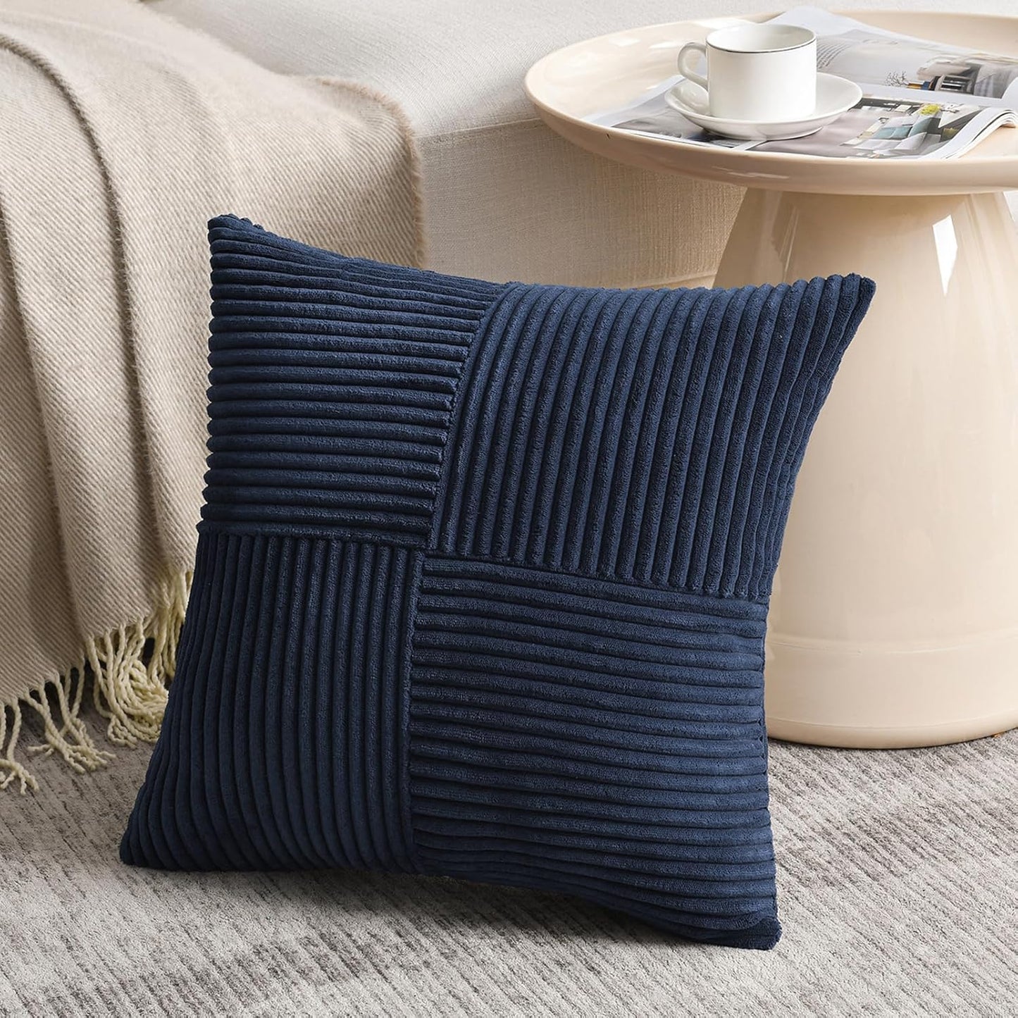 Fancy Homi 2 Packs Navy Blue Decorative Throw Pillow Covers 18x18 Inch for Living Room Couch Bed, Rustic Farmhouse Boho Home Decor, Soft Corss Corduroy Patchwork Textured Square Cushion Case 45x45 cm