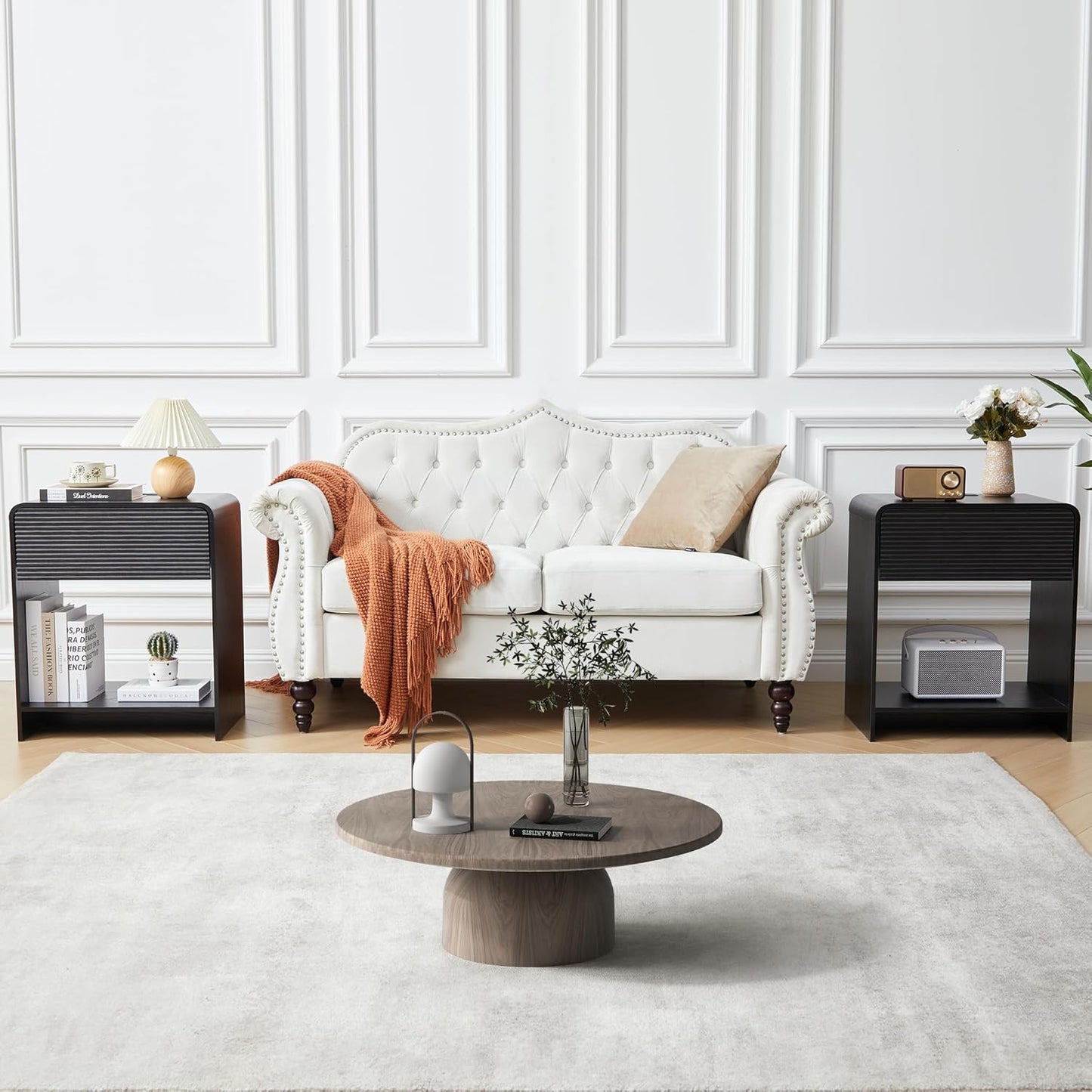 Fluted Nightstand with Charging Station, Mid Century Modern Bed Side Table End Table with Drawer Storage, Large Wooden Night Stands Bedside for Bedroom Living Room Sofa Office, Black