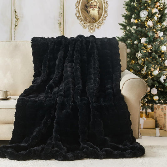 Lotus Karen Faux Fur Throw Blanket Black - Big Bubble Rabbit Fluff Blanket for Couch, Small Fluffy Fuzzy Cozy Blanket, Thick Furry Plush Shaggy Blankets, 50x60 Inches