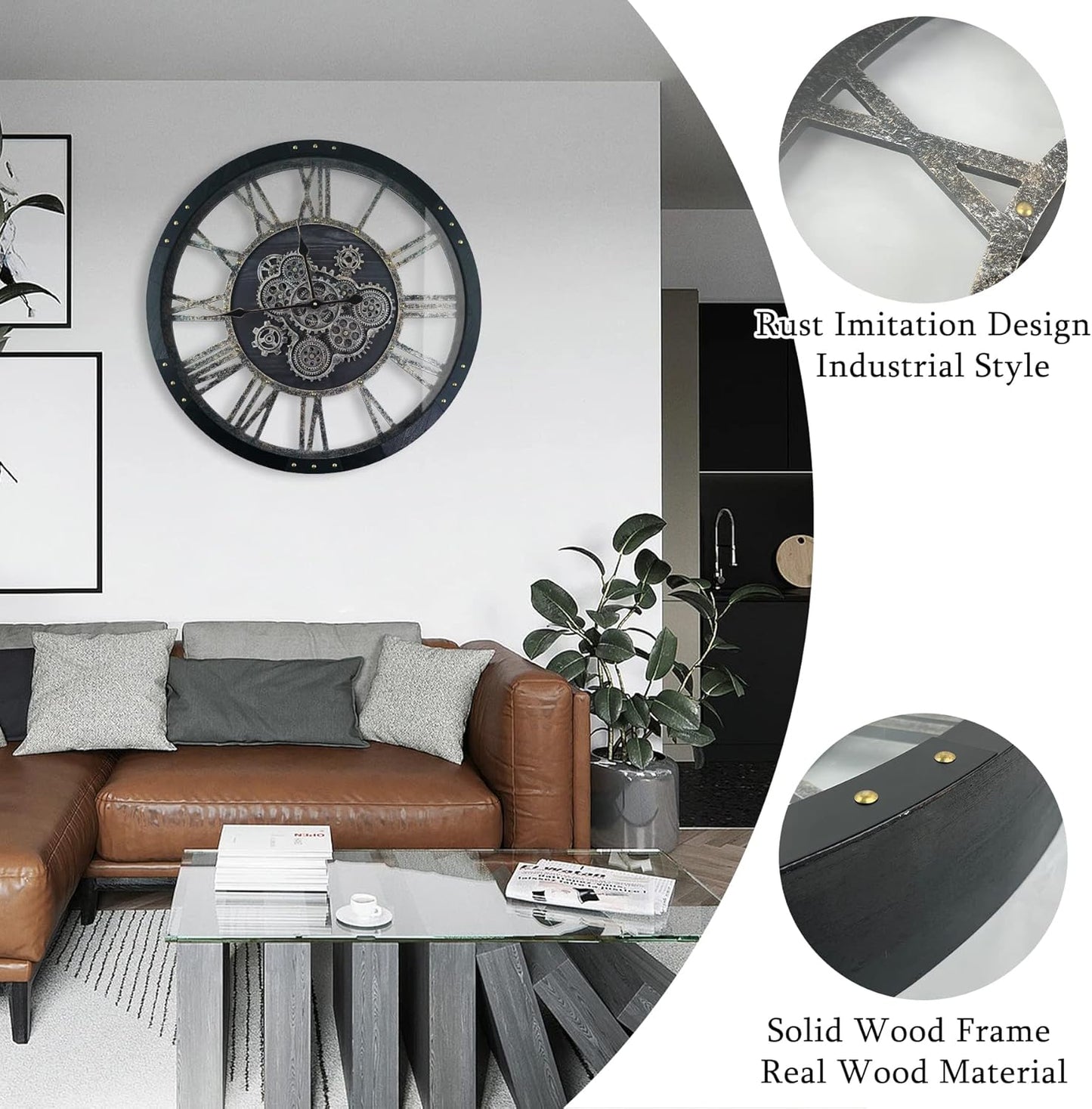 24 Inch Moving Gear Wall Clock, Oversized Wall Clocks, Clock Living Room Decor, Solid Wood Frame, Battery Operated, Large Wall Clock with Steampunk Industrial for Fireplace(Black)