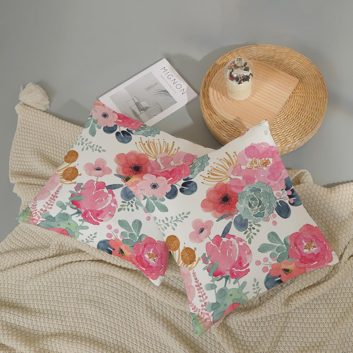 CXMEIFLY Spring Floral Pillow Covers 16 x 16 Inch Set of 2 for Watercolor Pink Flowers Decor Throw Pillows Green Leaves Plant Outdoor Decorative Cushion Cases with Zipper for Couch Bed Decorations