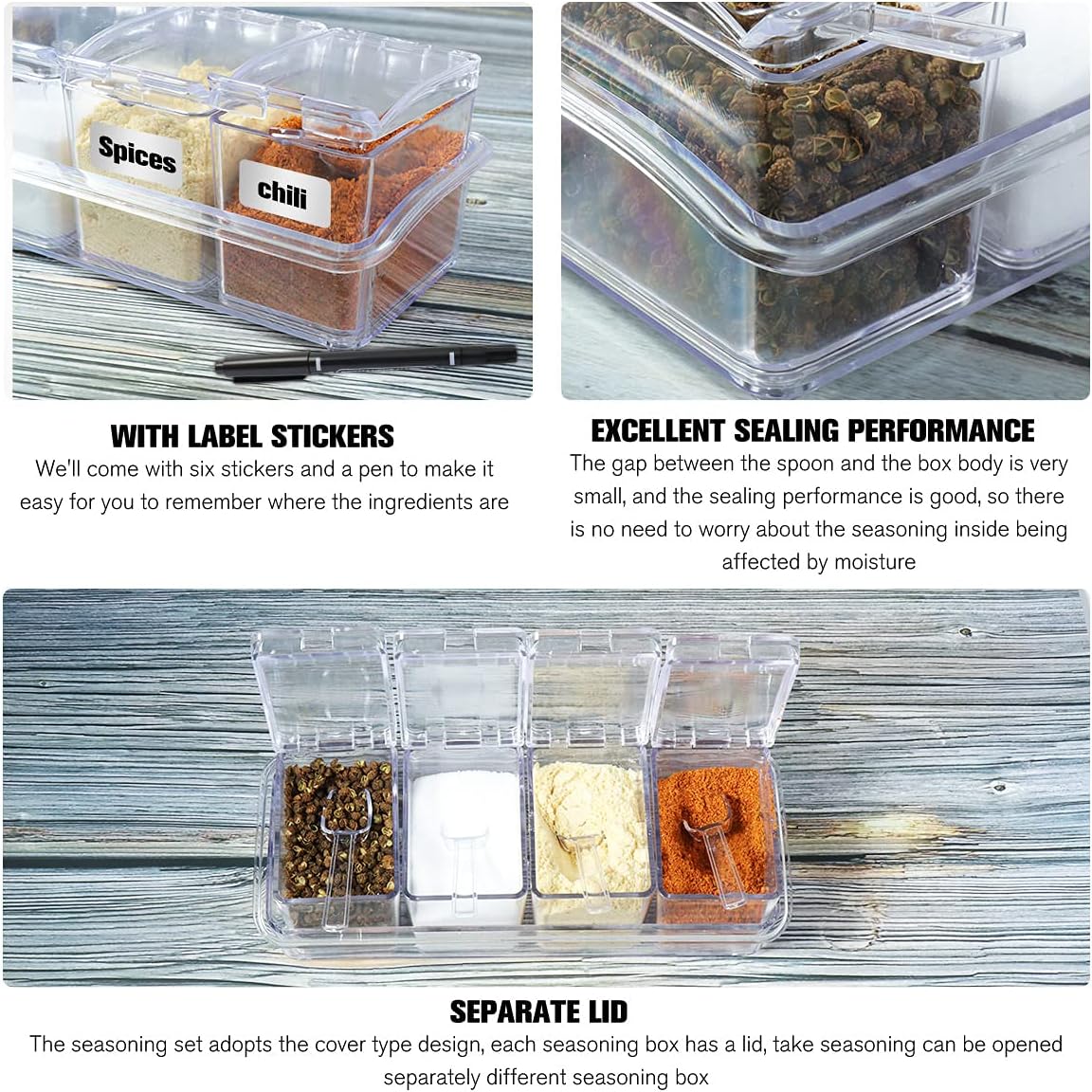 XIUDI Clear Seasoning Rack Spice Pots-4 Pieces Clear Seasoning Storage Container for Spice Salt Sugar Cruet.Acrylic Seasoning Box, Cruet with Cover and Spoon