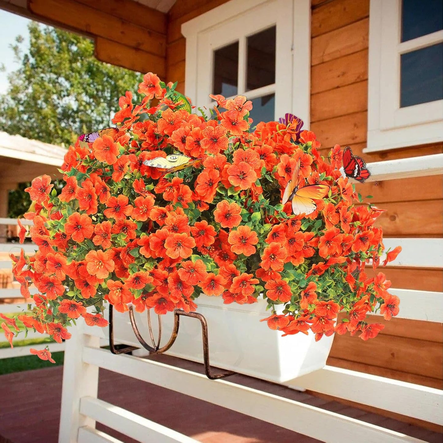 ‌20 Bundles Artificial Flowers for Outdoors‌ with 6 Faux Butterflies, UV Resistant ‌Fake Flowers‌ with Eucalyptus Leaves, ‌Artificial Plants Outdoor‌ for Patio Garden Porch Home Decor (Orange)