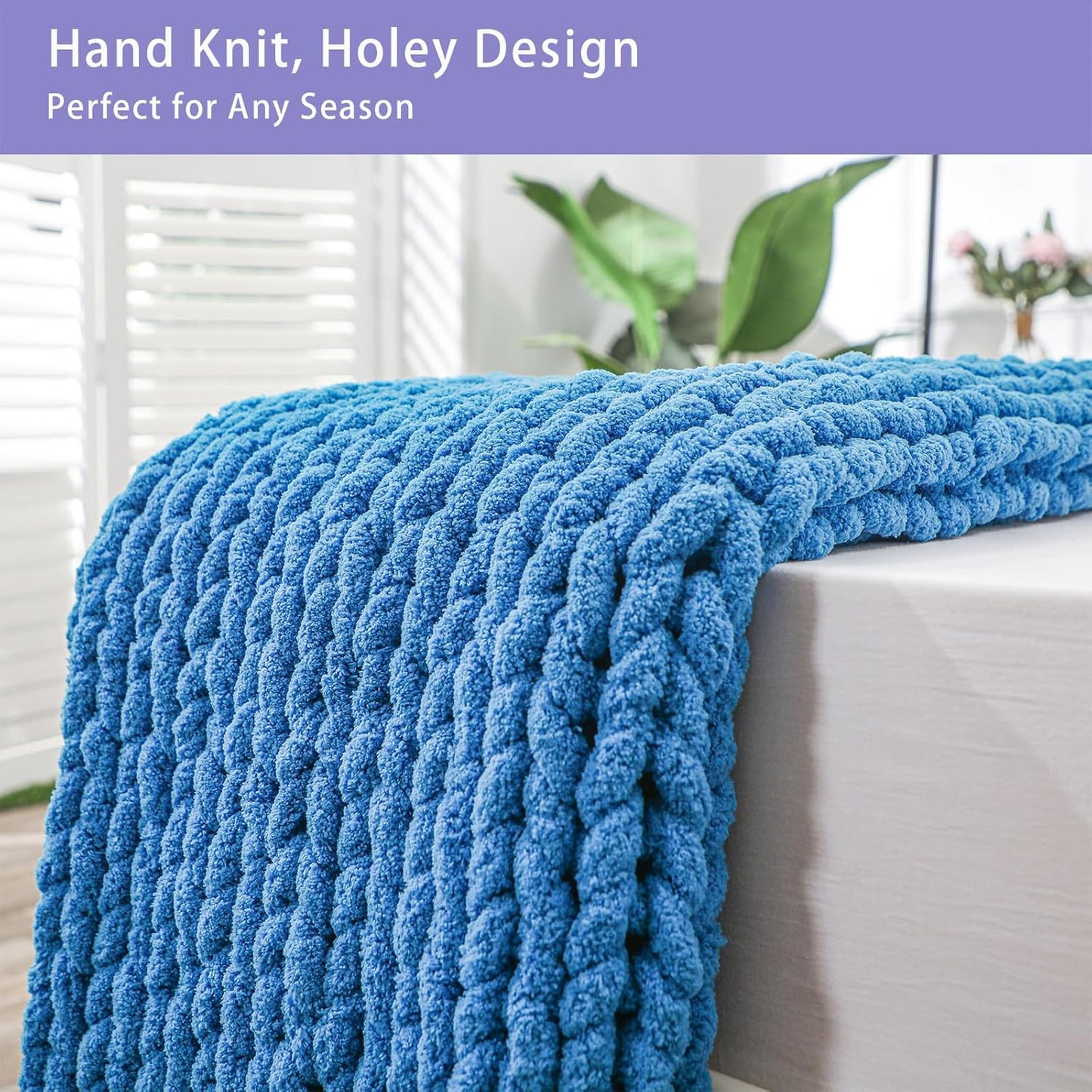 Bigacogo Chunky Knit Throw Blanket for Couch, 40x80 inches, 100% Hand Knitted with Thick Jumbo Chenille Yarn, Cozy Soft Large Rope Knot Cable Crochet Blankets for Sofa Bed Living Room, Bright Blue