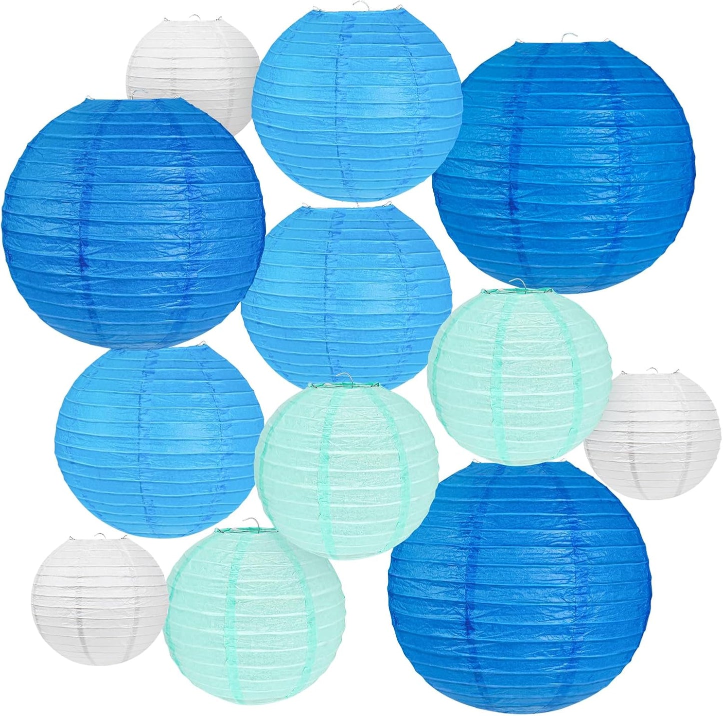 12Pcs Blue and White Paper Lanterns Assorted Sizes (6" 8" 10" 12") for Home Decor, Wedding, Birthday, Underwater Themed Party Decorations, Hanging Chinese Japanese Paper Lantern (3 Blue Colors)