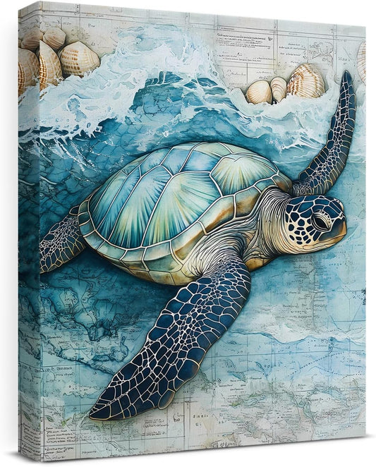 Coastal Sea Turtle Canvas Wall Art Turtle Nautical Ocean Theme Print Poster Framed Picture Painting for Home Beach House Bedroom Wall Decor 8x10 Inch
