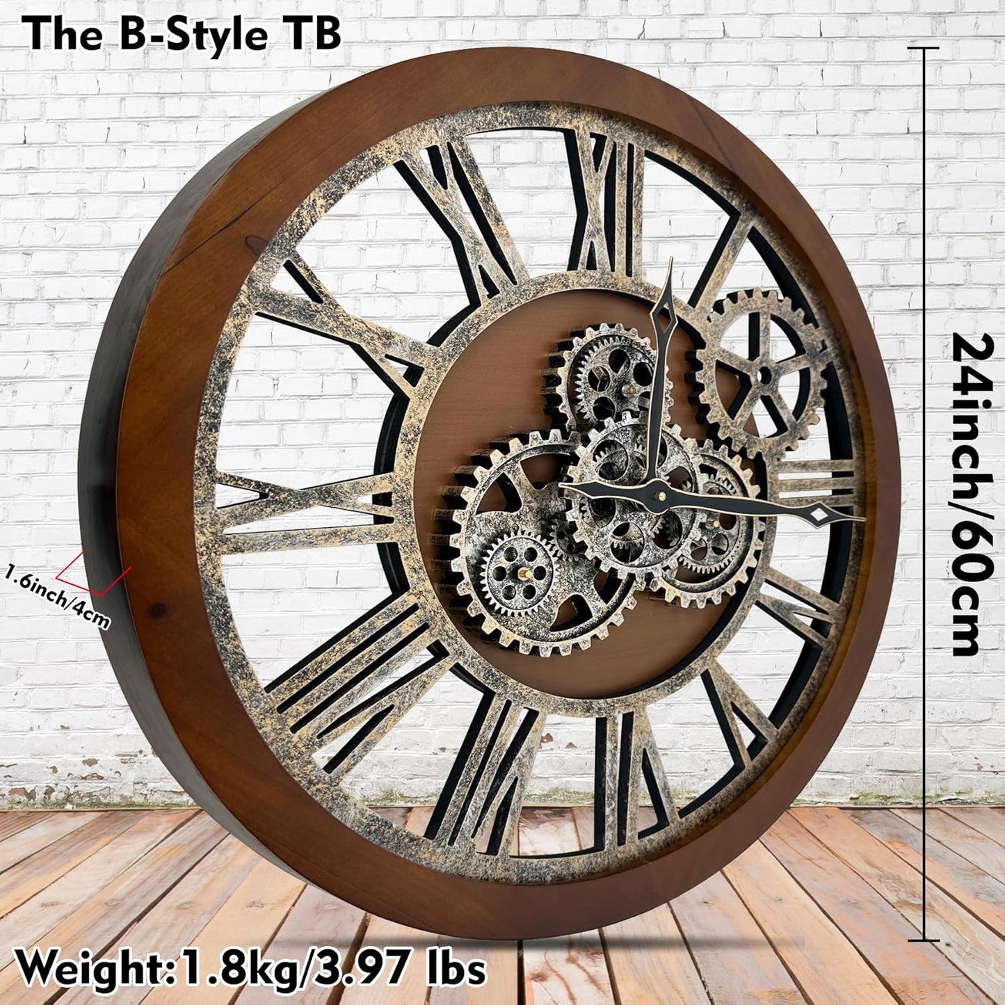 The B-Style Large Wall Clock 24 inch Moving Gear Wall Clock Oversized Vintage Farmhouse Wall Clocks for Living Room Decor Rustic Industrial Wood Clock (Drak Brown and Bronze)