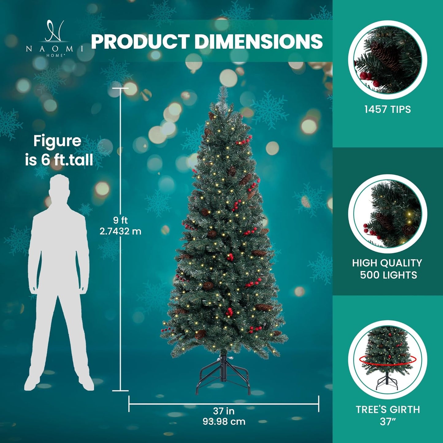 Naomi Home Belen 9ft Pencil Christmas Tree Prelit pre-Decorated with Pine Cones, Red Berries, 1457 Branch Tips, 500 Warm Lights and Metal Stand, 37" Wide Skinny Christmas Tree with Lights