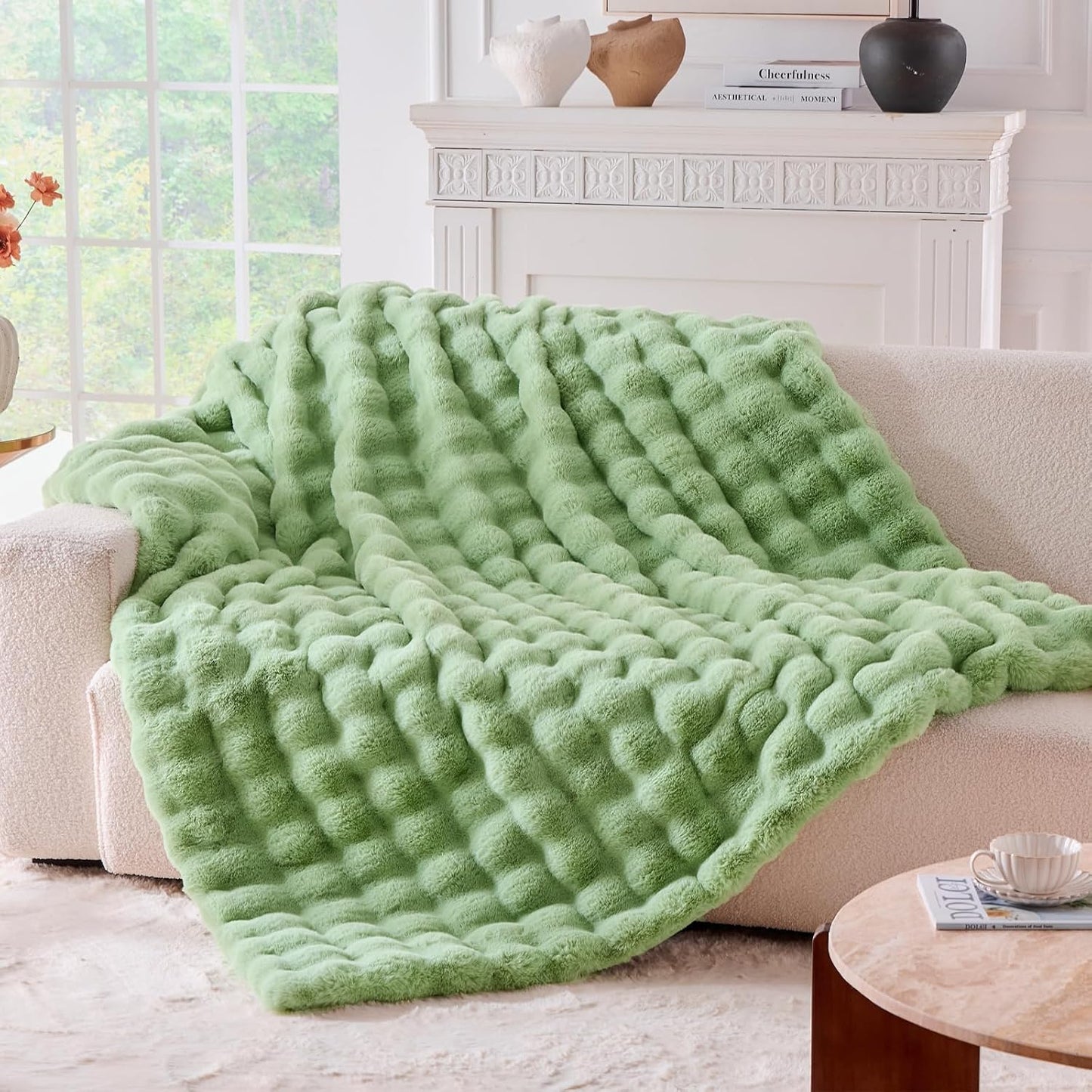 BENVWE Fluffy Faux Fur Throw Blanket for Couch, Soft Plush Thick Cozy Fuzzy Luxury Minky Bubble Blanket for Home Living Room Decor Gift for Women, Sage Green, 63" x 80", 1100GSM