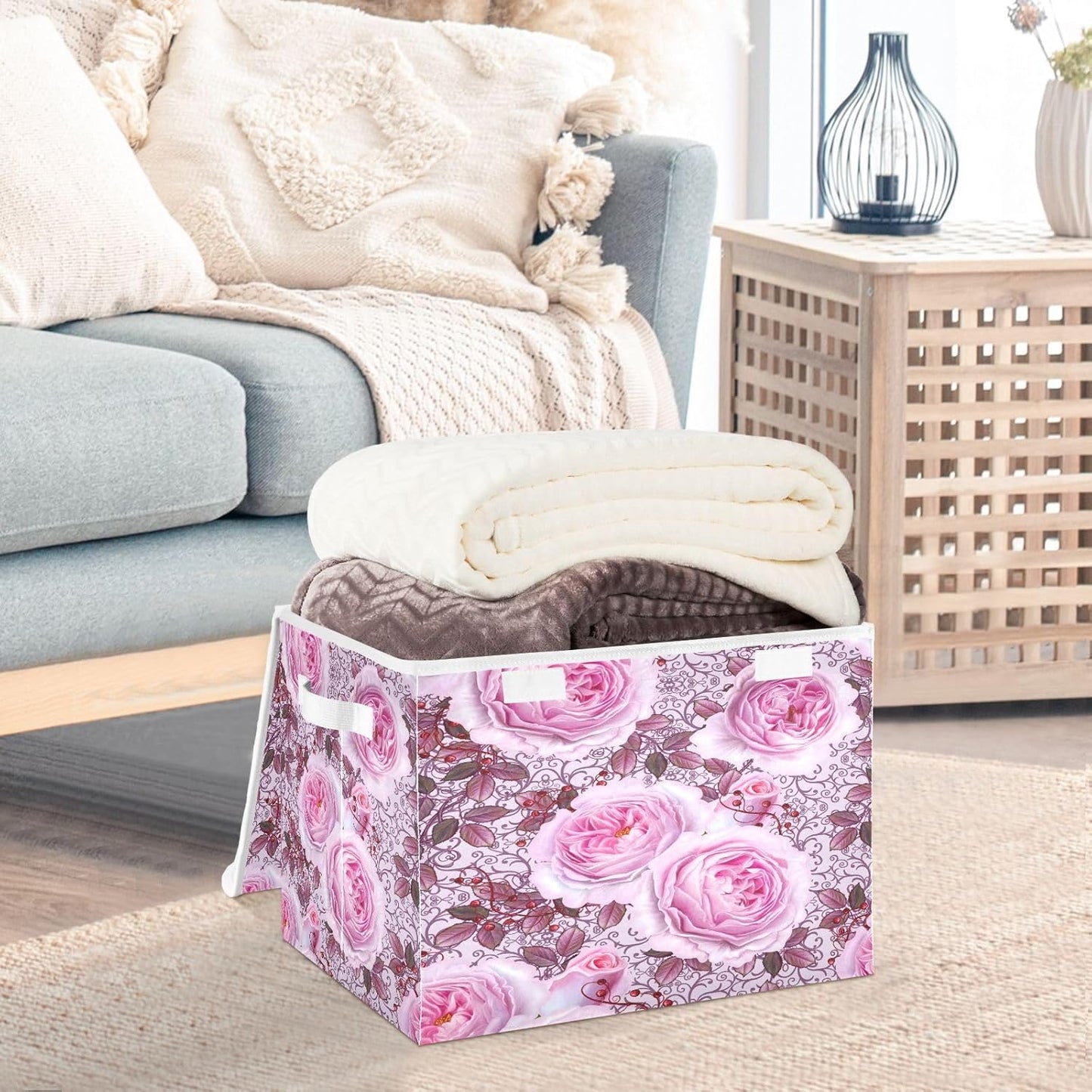 susiyo Beautiful Delicate Pink Roses fabric storage baskets with lids,Collapsible Storage Boxes,Foldable storage boxes with handles for Home,Office,Closet Organization