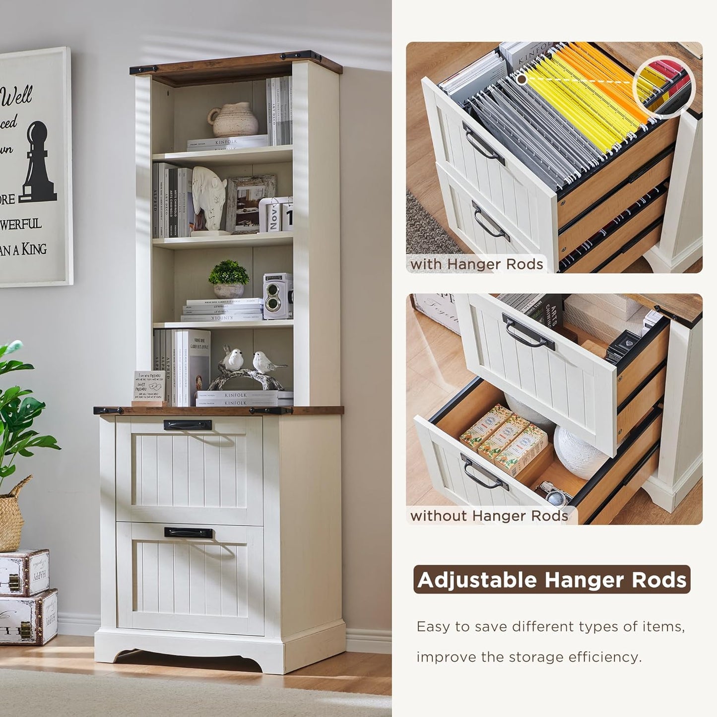 RedLemon Bookcase with 2 File Drawers, 72" Tall Farmhouse Bookshelf with Storage and Adjustable Shelves, 4 Tier Rustic Wood Bookshelf with Cabinet for Home Office, Living Room (Antique White)