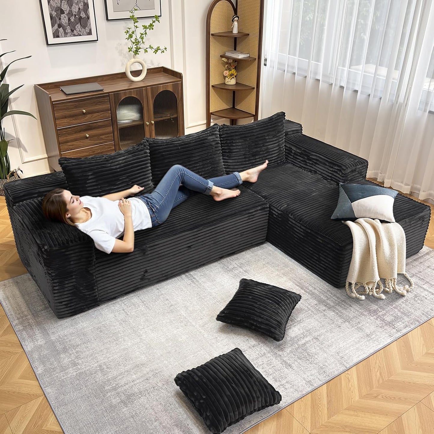 104" Modern Modular L-Shape Sofa Couch with Chaise Black Faux Rabbit Fur Cloud Sectional Couch with Deep Seat Modular Sectional Sofa No Assembly Required Upholstered Couches for Living Room Bedroom