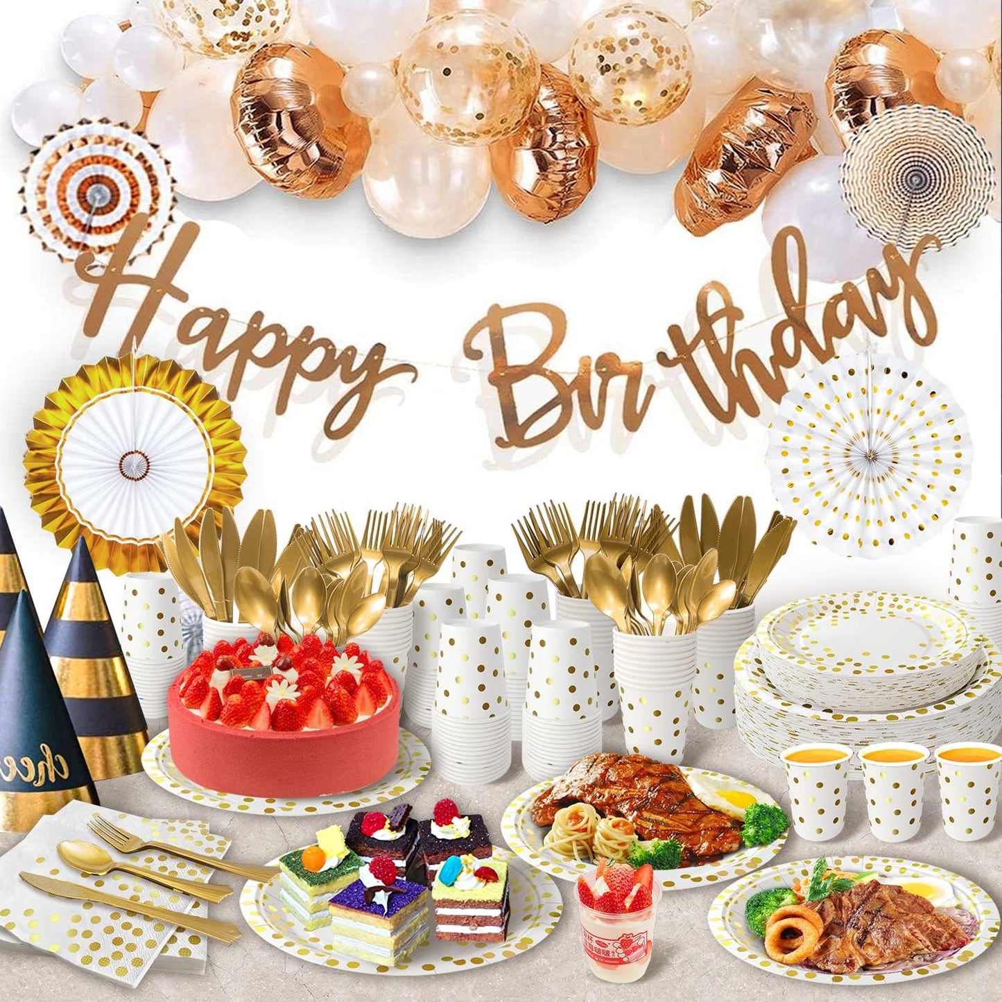 AIRE 175PCS White and Gold Paper Plates Party Supplies for 25 Guests Party Decorations Disposable Dinnerware Paper Plates Cups Napkins Gold Plastic Forks Knives Spoons for Wedding Birthday Graduation