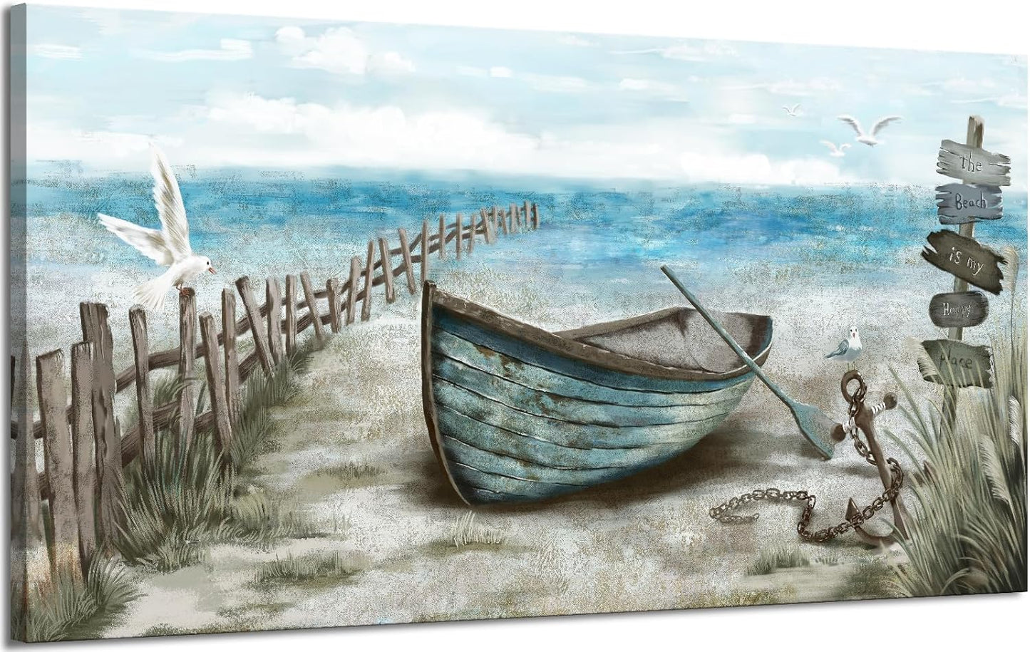 Wall Art for Living Room Large Beach Decor Picture Seagull Vintage Boat Artwork Ocean Sea Bird Canvas Print Seascape Nautical Painting Blue Teal Rustic Coastal Themed Cottage Bedroom Office Décor