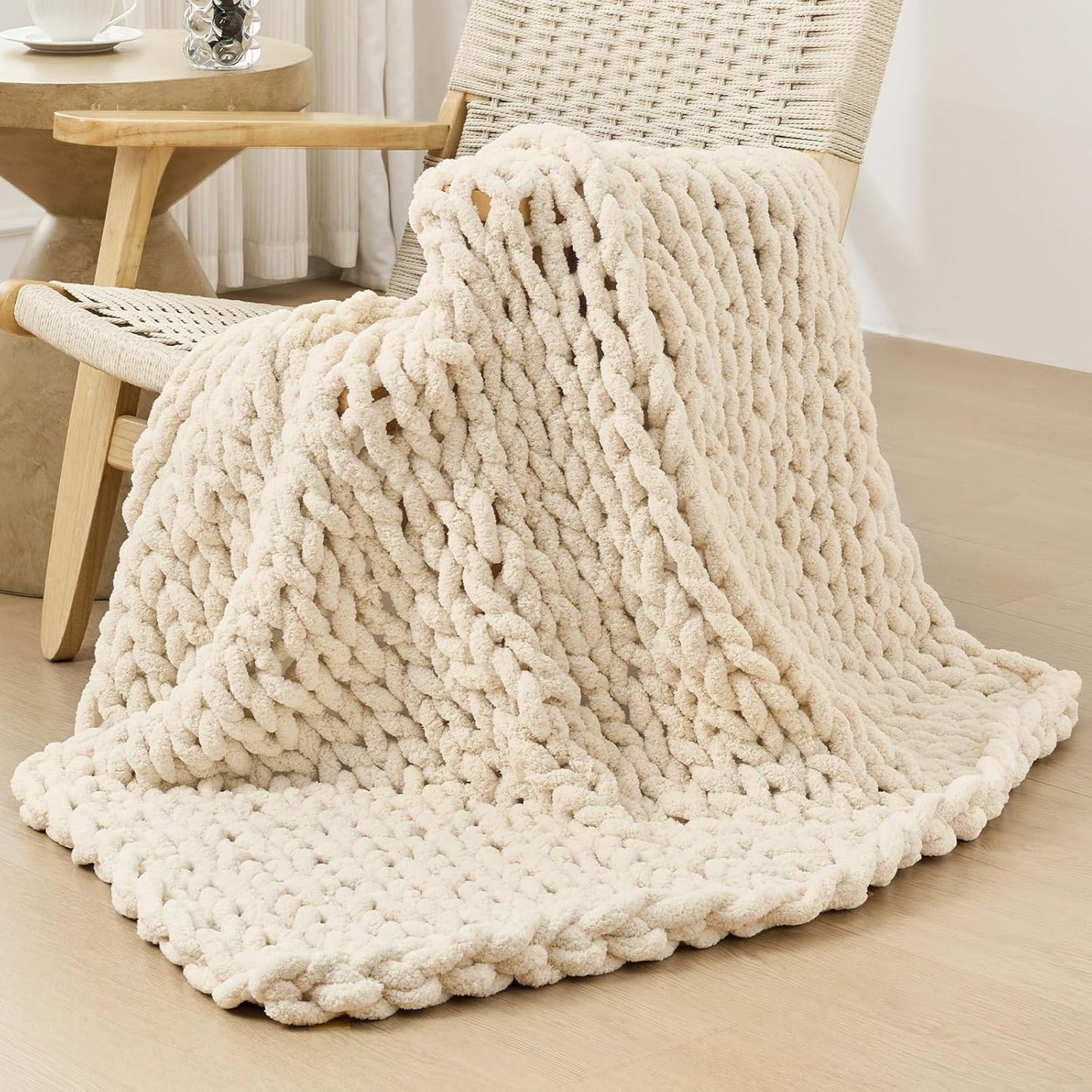 Bigacogo Chunky Knit Throw Blanket for Couch, 40x40 inches, 100% Hand Knitted with Thick Jumbo Chenille Yarn, Cozy Soft Large Rope Knot Cable Crochet Blankets for Sofa Bed Living Room, Beige