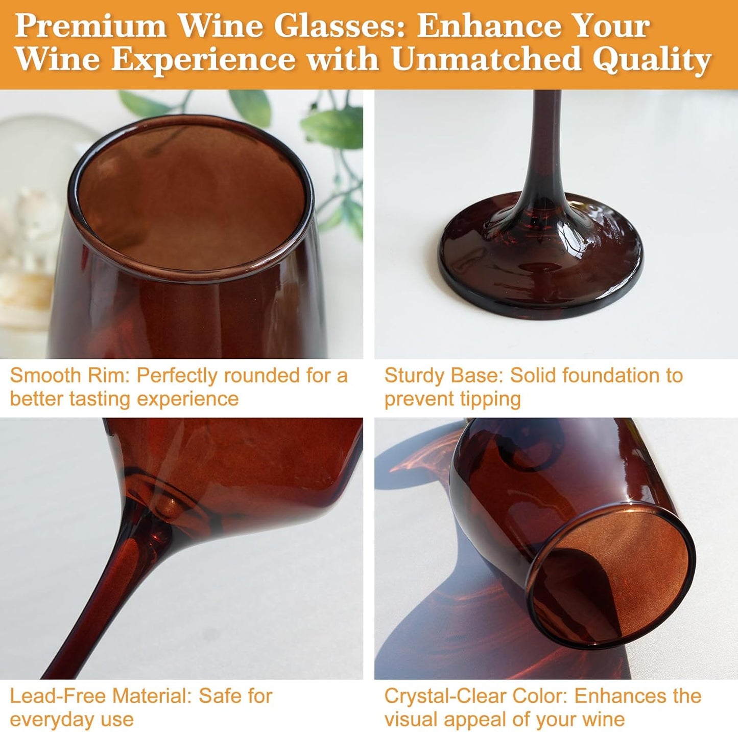 Brown Wine Glasses Set of 6-14oz Long Stem Wine Glass, Pretty Crystal Glassware, Hand Blown Goblets Drinkware, Unique Stemware Wine Glass Holiday Gift Set