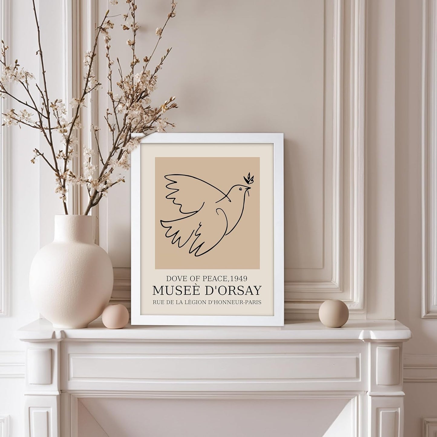 Poster Master Vintage Poster - Retro Minimalist Print - Gift for Artist, Friend - Dove Of Peace, Line Drawing, Sketch, Abstract - Wall Decor for Living Room, Bedroom, 8x10 White Framed
