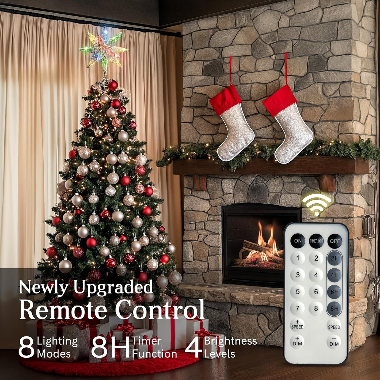 Christmas Star Tree Topper, 3D Geometric Star Decorative Treetop with Colorful 50 LED Light Beads for Home Holiday Xmas Tradition, Timer Function, Silver