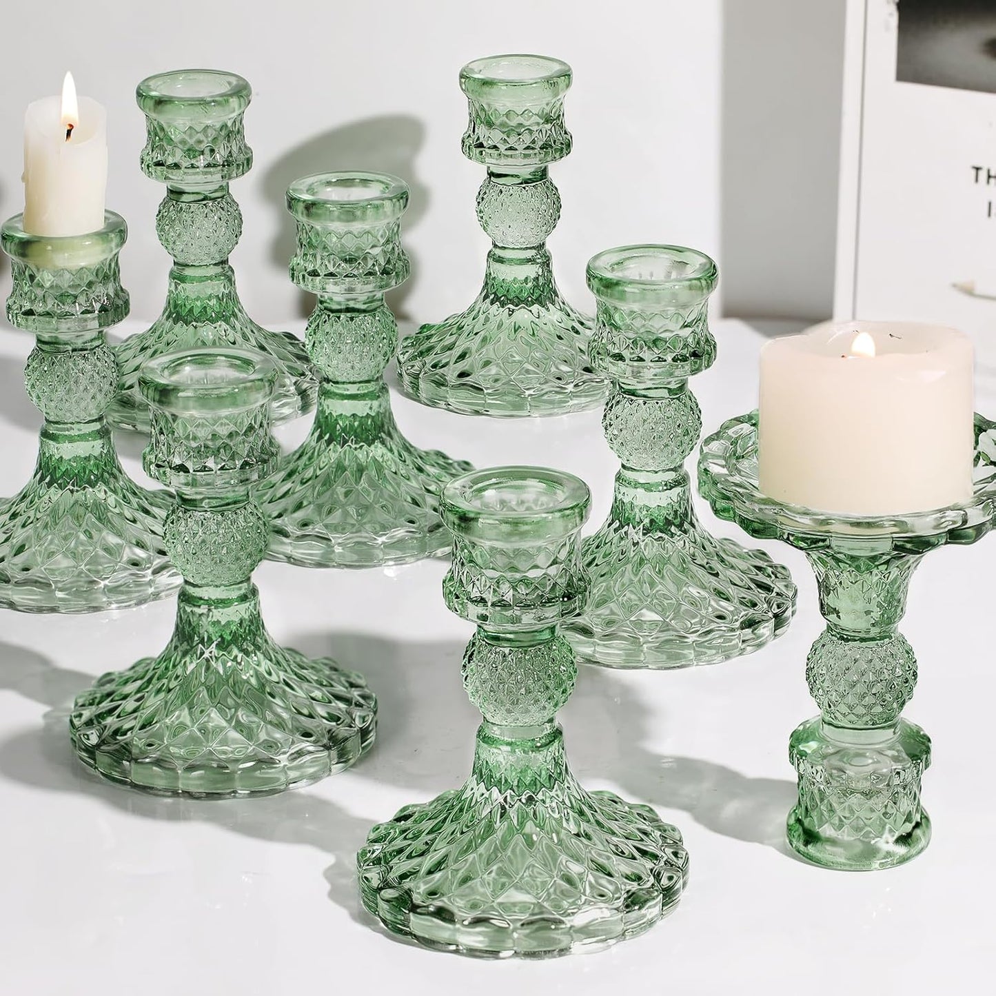 12Pcs Green Candlestick Holders Set- 4" H Taper Candle Holders Bulk, Glass Candle Holders for Wedding, Party, Romantic Dinner Table Centerpieces, Festival Gifts & Windowsill Decor