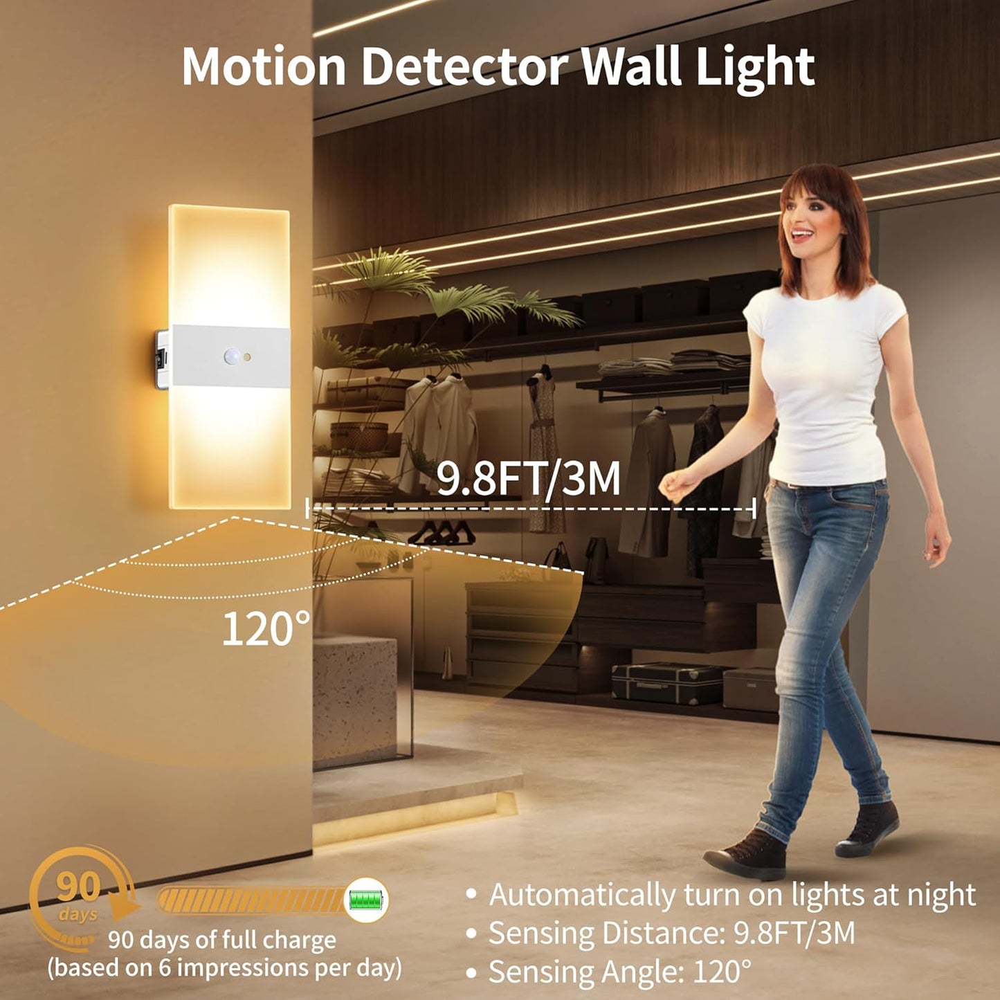 Motion Sensor Rechargeable Light, White LED Closet Light with USB-C Charging, Magnetic Mount, Auto On/Off for Hallway, Bathroom, Pantry, Under Cabinet, Battery Operated