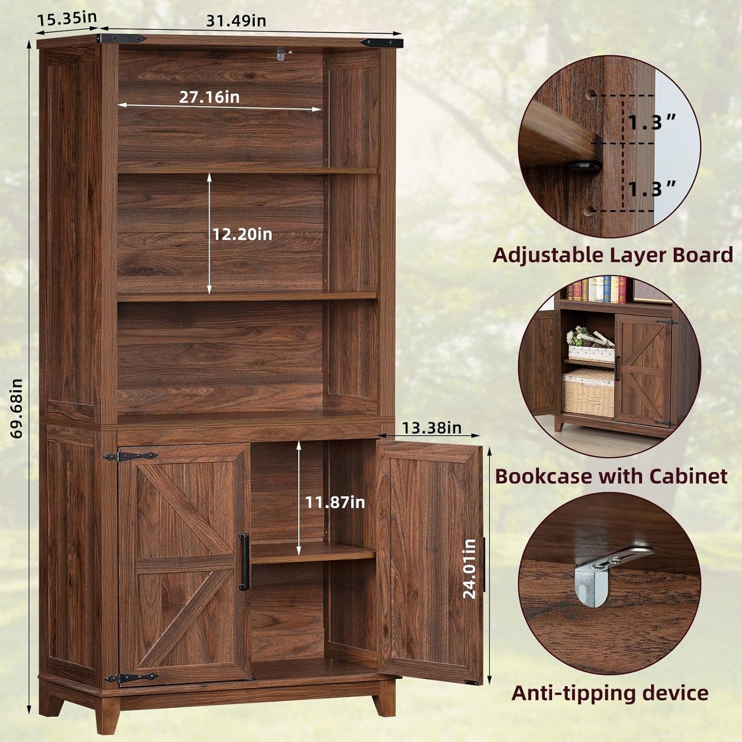 70in Tall Bookshelf 5 Tier Bookcase with Barn Doors and Adjustable Shelves, Brown Farmhouse Book Shelf with Storage Cabinet, Wood Freestanding Display Bookshelves for Bedroom, Kitchen (2PCS)