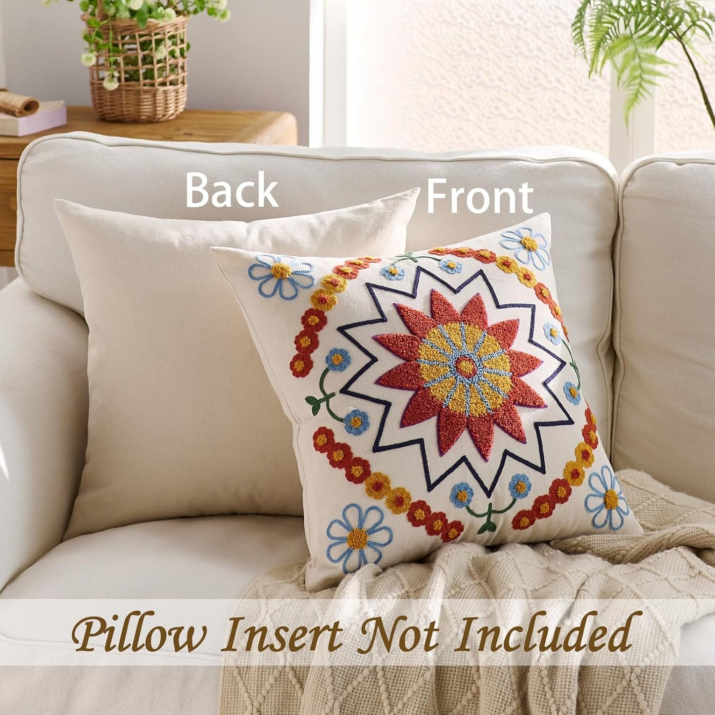 Embroidered Throw Pillow Cover 18x18 Classic Fall Boho Floral Pattern Pillows Cover Outdoor Decorative Pillowcase,Durable Cozy Textured Cushion Case for Sofa Couch Bed Living Room,Orange