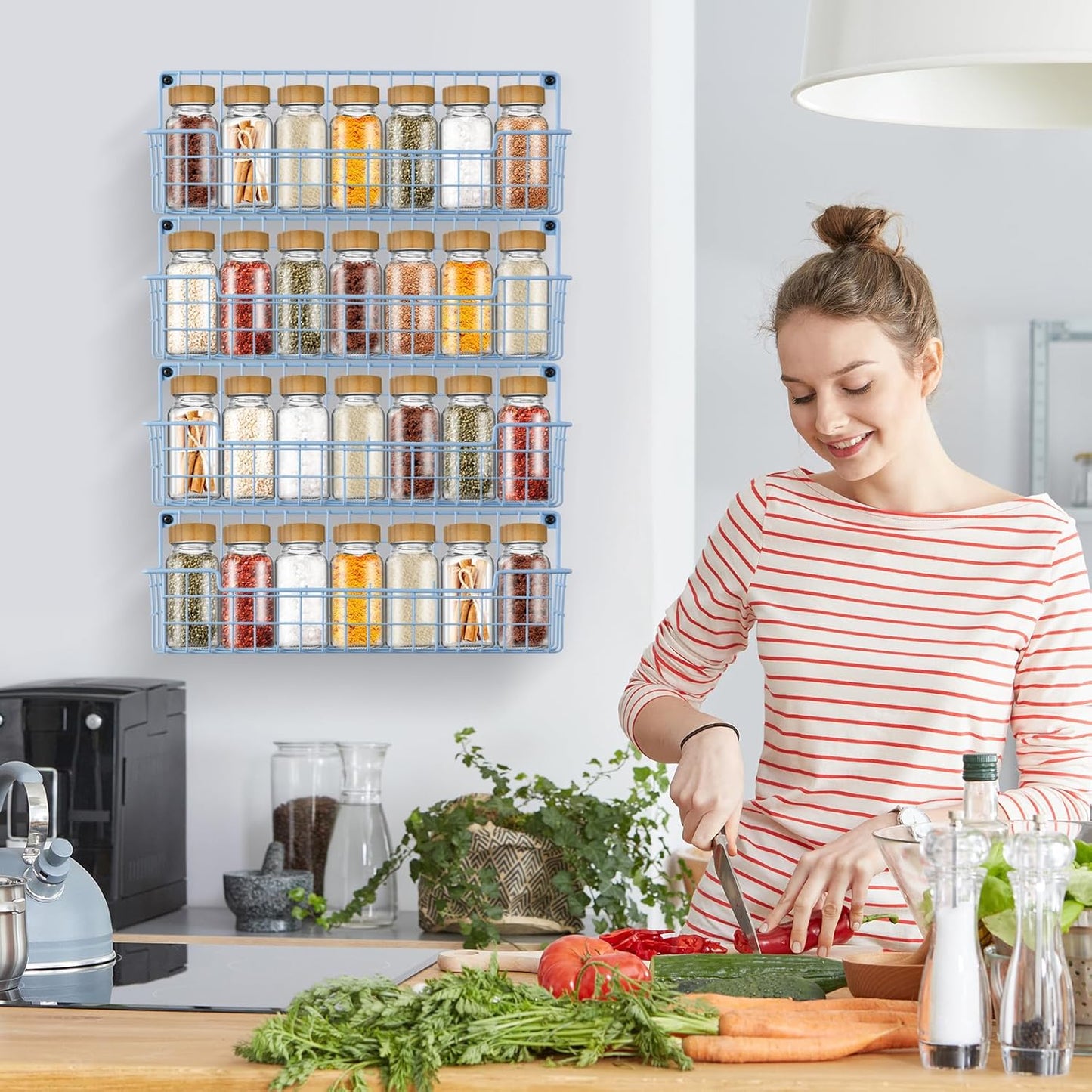 Spice Rack Wall Mount, Wall Spice Organizer for Kitchen Cabinet Door, Pack of 4 Hanging Spice Rack for Wall Saving Kitchen Space, Light Blue