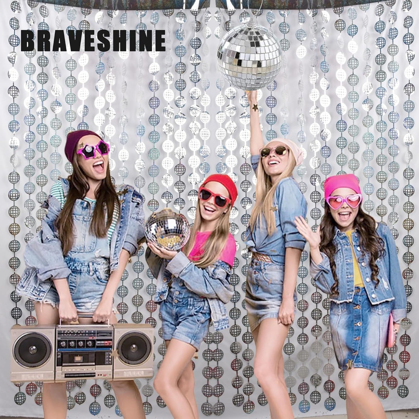 BRAVESHINE Hanging Balls Party Streamers Backdrop - 2 Pack Silver Tinsel Foil Curtain Photo Fringe Backdrop for 70s 80s Party, Birthdays, Bachelorette, Engagement, Music, Dance,New Years Decorations