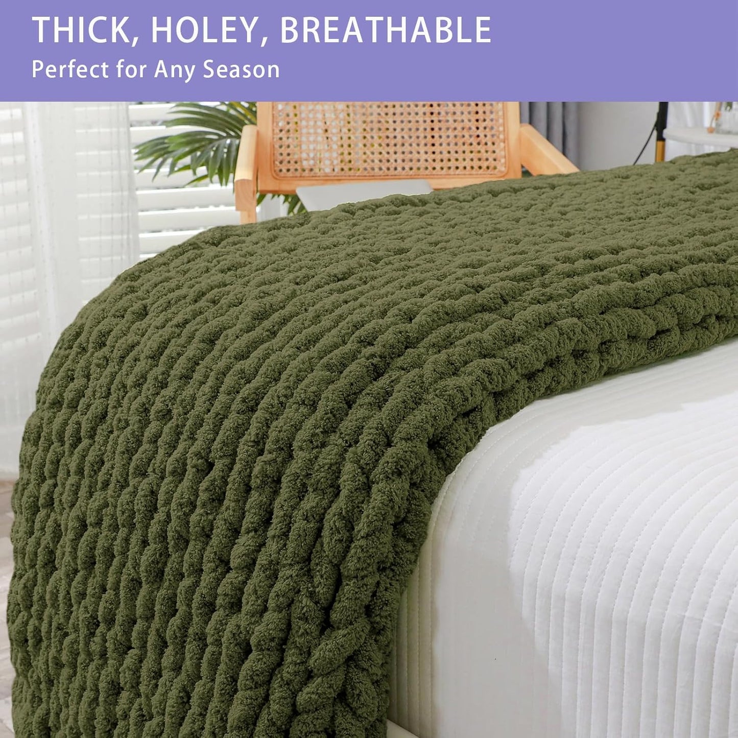 Bigacogo Chunky Knit Throw Blanket for Couch, 51x63 inches, 100% Hand Knitted with Thick Jumbo Chenille Yarn, Cozy Soft Large Rope Knot Cable Crochet Blankets for Sofa Bed Living Room, Yellow Green