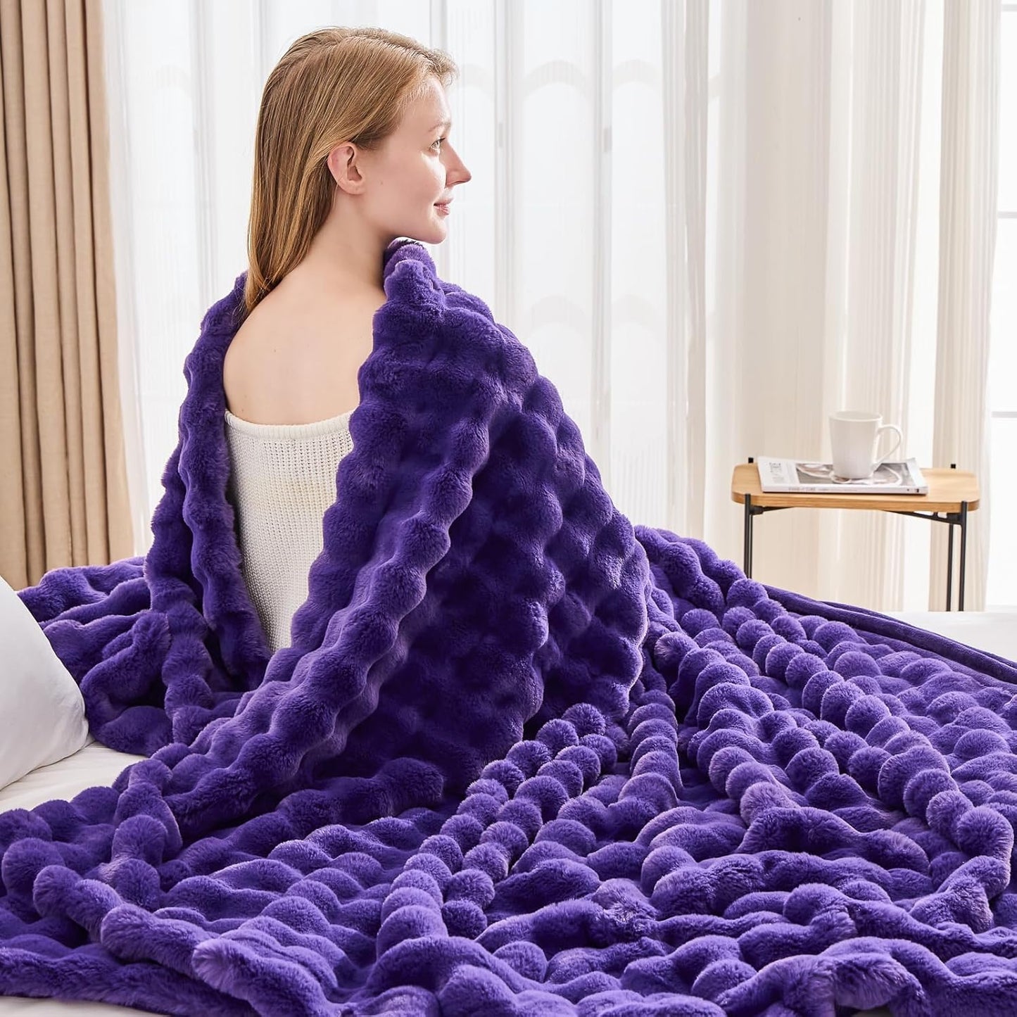 NEWCOSPLAY Faux Fur Throw Blanket Purple Bubble Blanket Thick Warm Soft for Couch Sofa Bed 550GSM (Purple, Throw(50"x60"))