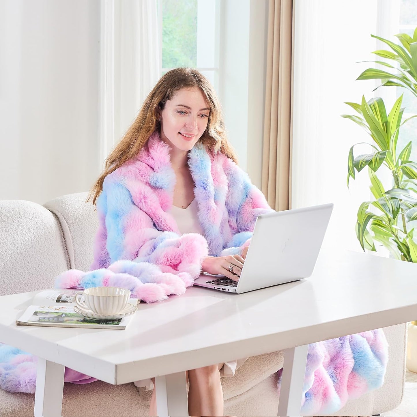 Lotus Karen Faux Fur Throw Blanket Tie-Dye Purple Rainbow - Big Bubble Rabbit Fluff Blanket for Couch, Small Fluffy Fuzzy Cozy Blanket,Thick Furry Plush Shaggy Blankets,50x60 Inches