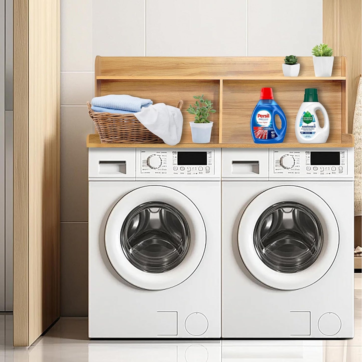 Royxen 2-Tier Washer Dryer Countertop,19.5" H Wood Washer Dryer Topper with Storage Shelf,Laundry Countertop Over Washer and Dryer, Universal Fit for Laundry Room Organization (Oak, 54" W X 27.5" D)