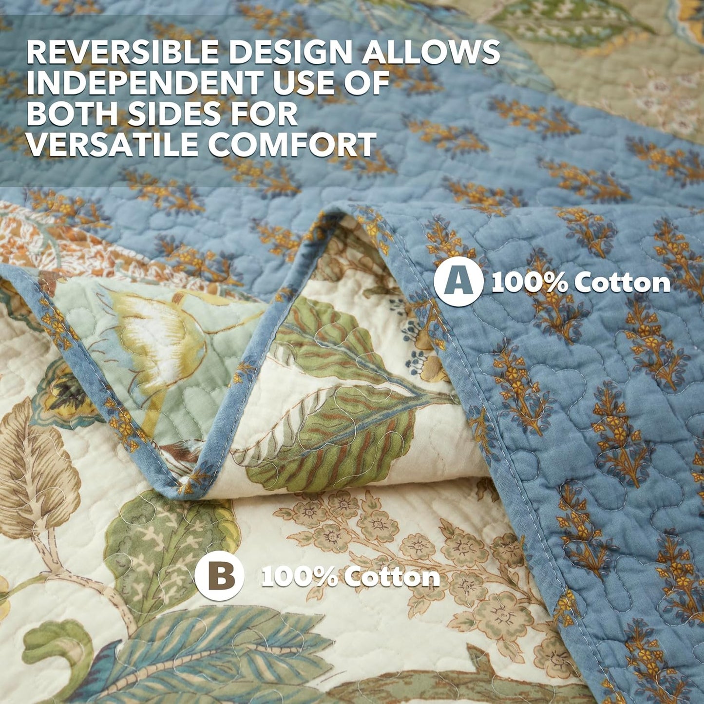 NEWLAKE Quilt Set King Size, 100% Cotton Patchwork Green Bohemian Quilt Sets, Reversible Bedspread Lightweight and Breathable for All Seasons, Soft Quilted Bedspread with 2 Pillow Shams