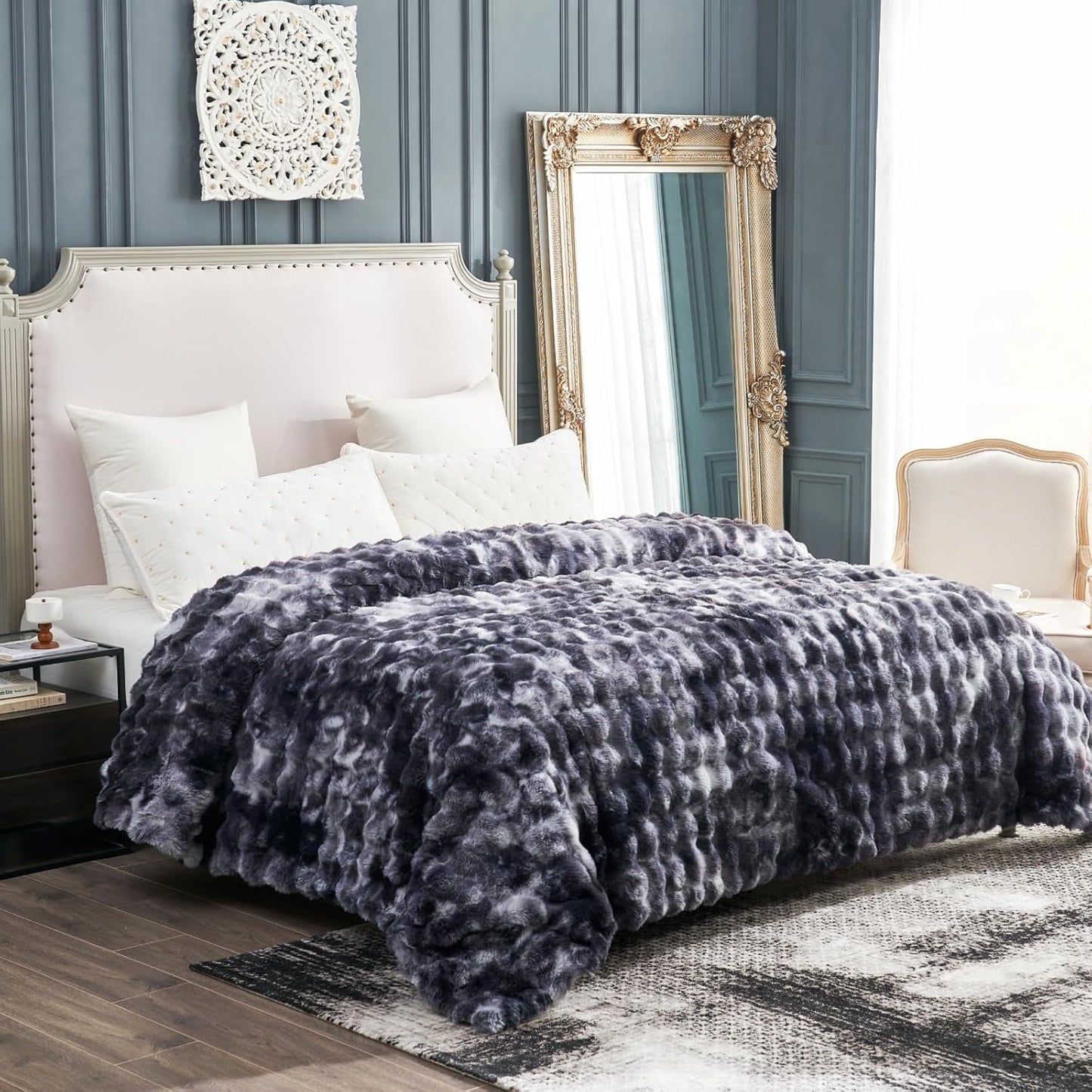 Cozy Bliss Faux Fur Throw Blanket for Couch, Fuzzy Soft Plush Thick Bubble Blanket for Sofa Bedroom Living Room, 108 * 90 Inches Tie Dye Black