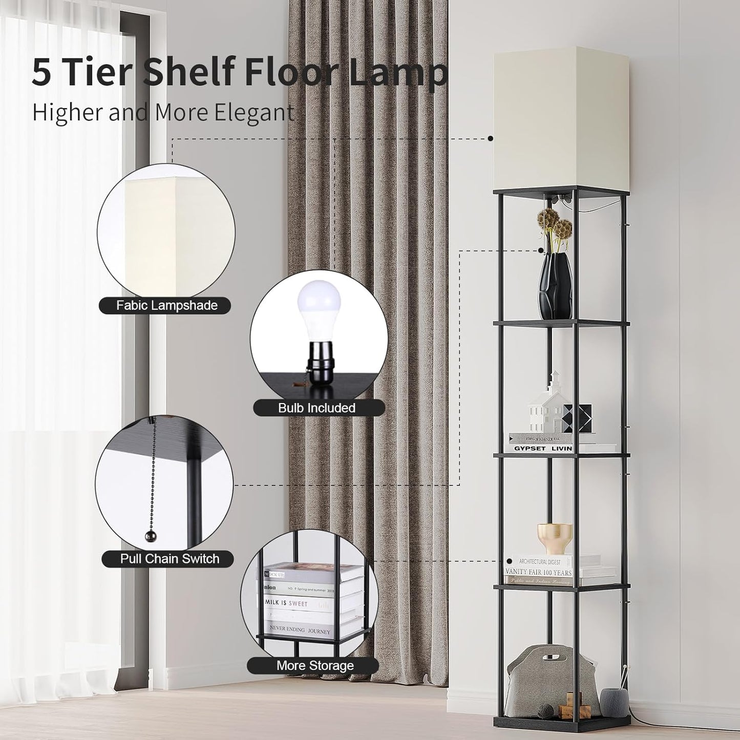 SUNMORY 5 Tier Floor Lamp with Shelves, Modern Square Standing Lamp with 3 Color Temperature Bulb, Corner Display Bookshelf Lamp for Living Room and Bedroom, Tall Shelf Floor Lamp