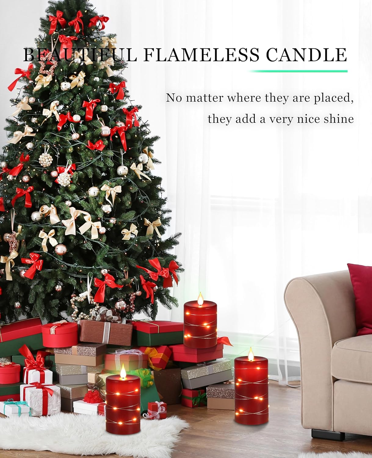 Red flameless Candles with Remote Control Timer Battery Operated LED Pillar Candles 4‘’ 5‘’ 6‘’ Fake Candles with String Lights Set of 3 for Christmas or Special Festivals Decorations