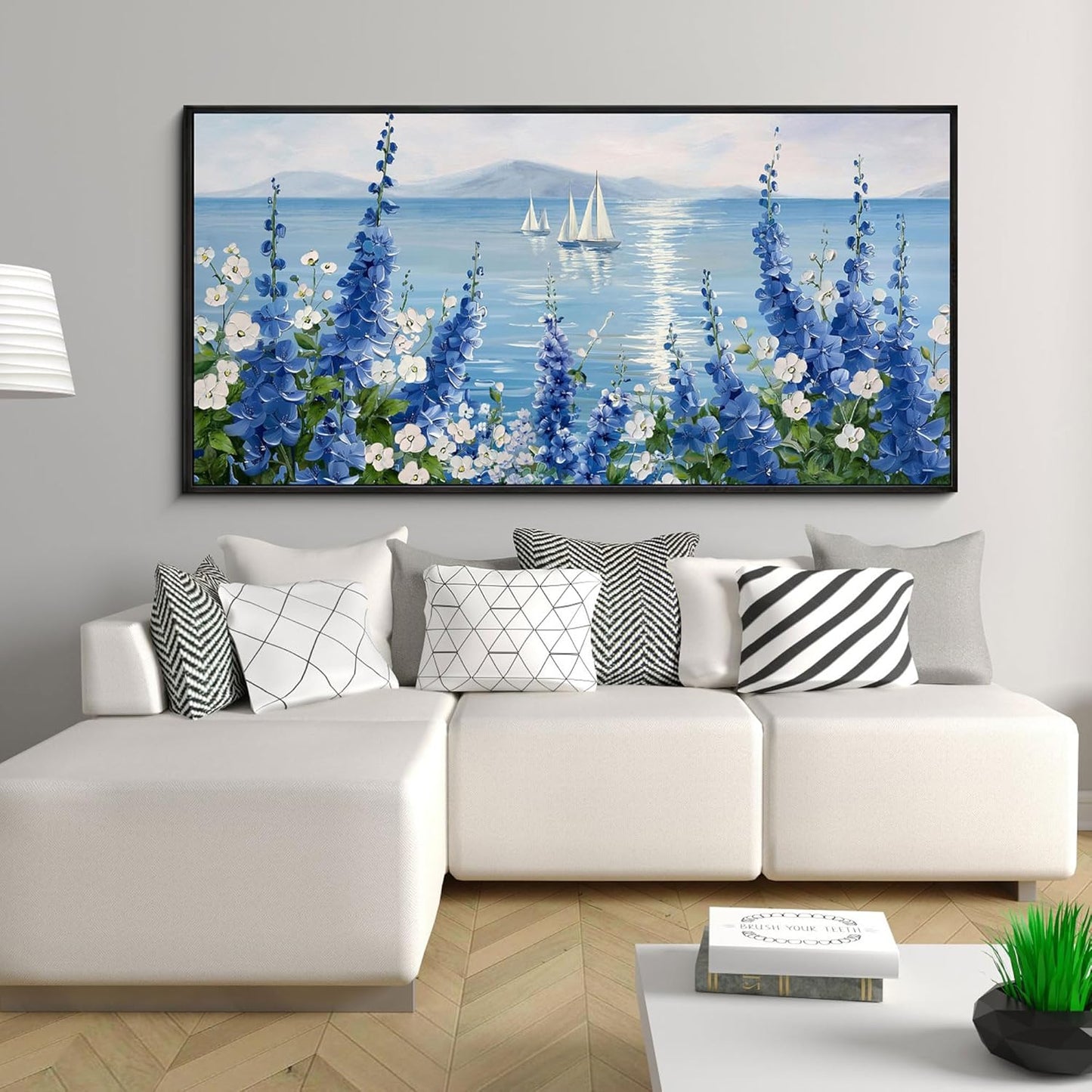 XLSJERST Large Sailboat Wall Art - Blue Canvas Abstract Painting Textured Picture Artwork Vintage Nautical Flower Painting Coastal Modern Print 24"x48" Frame for Living Room Office Home Decoration