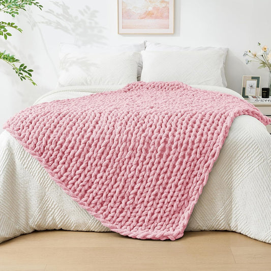 Bigacogo Chunky Knit Throw Blanket for Couch, 40x60 inches, 100% Hand Knitted with Thick Jumbo Chenille Yarn, Cozy Soft Large Rope Knot Cable Crochet Blankets for Sofa Bed Living Room, Blush Pink