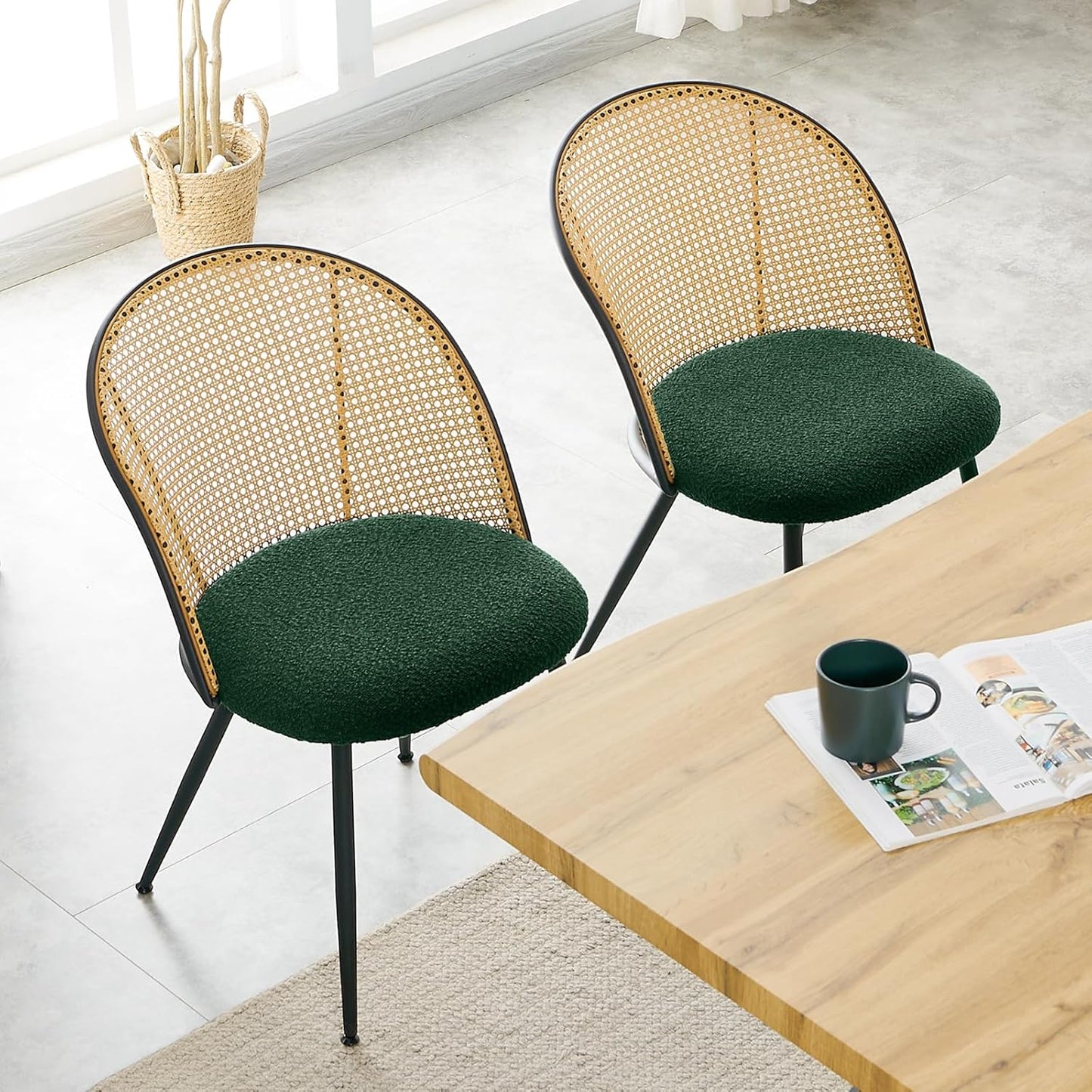 Rattan Dining Chairs Set of 4, Mid-Century Modern Kitchen Dining Room Chairs with Full Cane Backrest Armless Upholstered Farmhouse Boucle Dining Chairs with Metal Leqs for Dining Room, Green