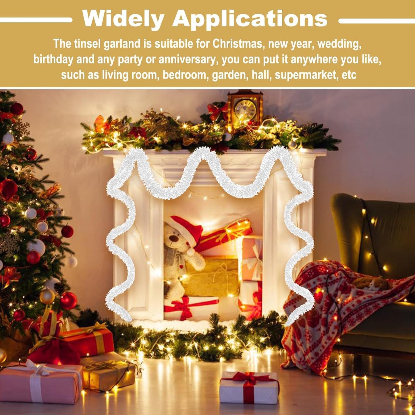 50 Feet Christmas Tinsel Garland, Metallic Twist Wall Hanging Backdrop for Parade Floats, Christmas Eve, New Year, Valentine's Day Party Decorations (Macaron White, 2in x 50ft)