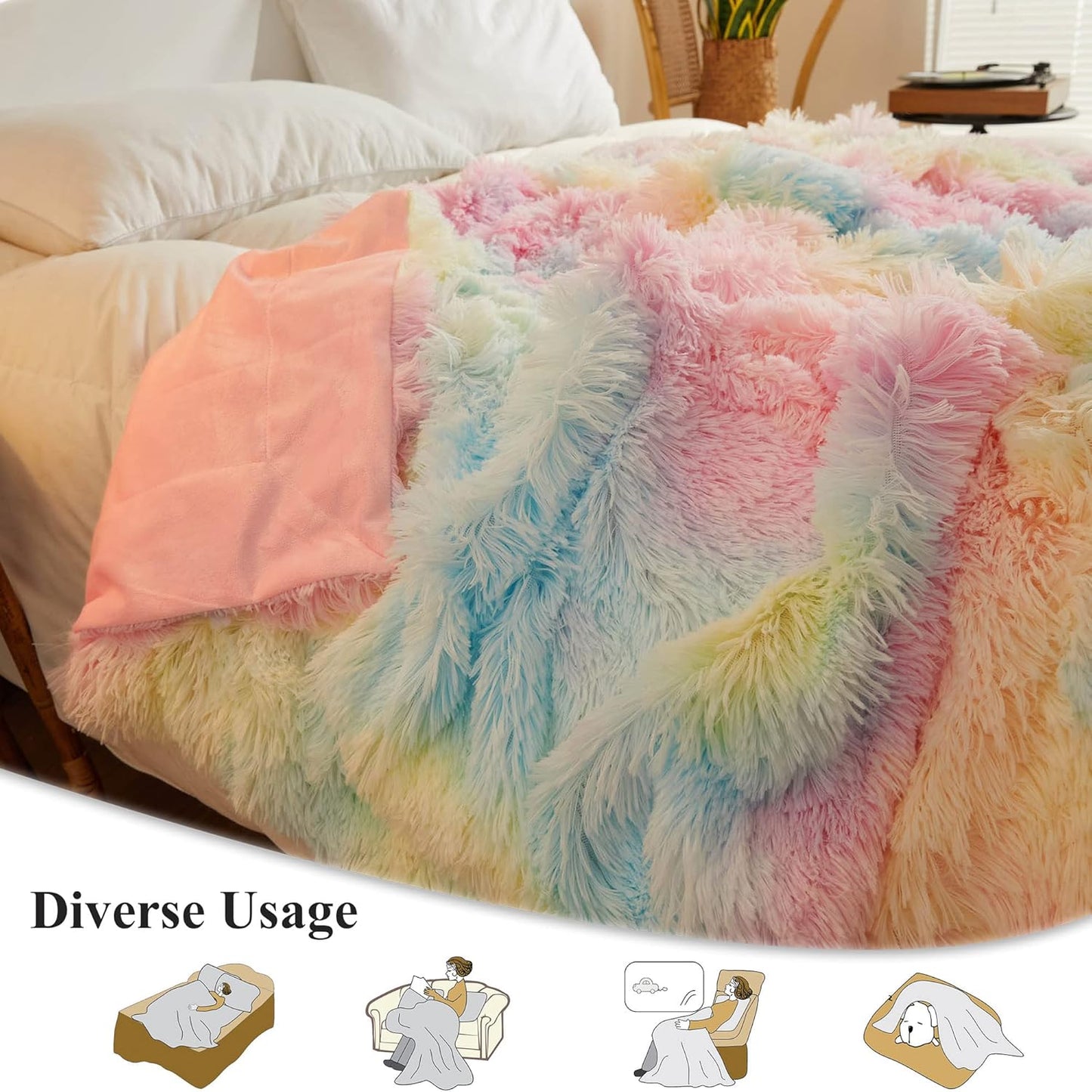 XeGe Plush Faux Fur Rainbow Throw, Tie Dye 50x60 Shaggy Furry Blanket, Fluffy Microfiber Velvet Couch Throw, Soft Colorful Fuzzy Lap Blanket for Girls Teens Women Kid Rainbow Print